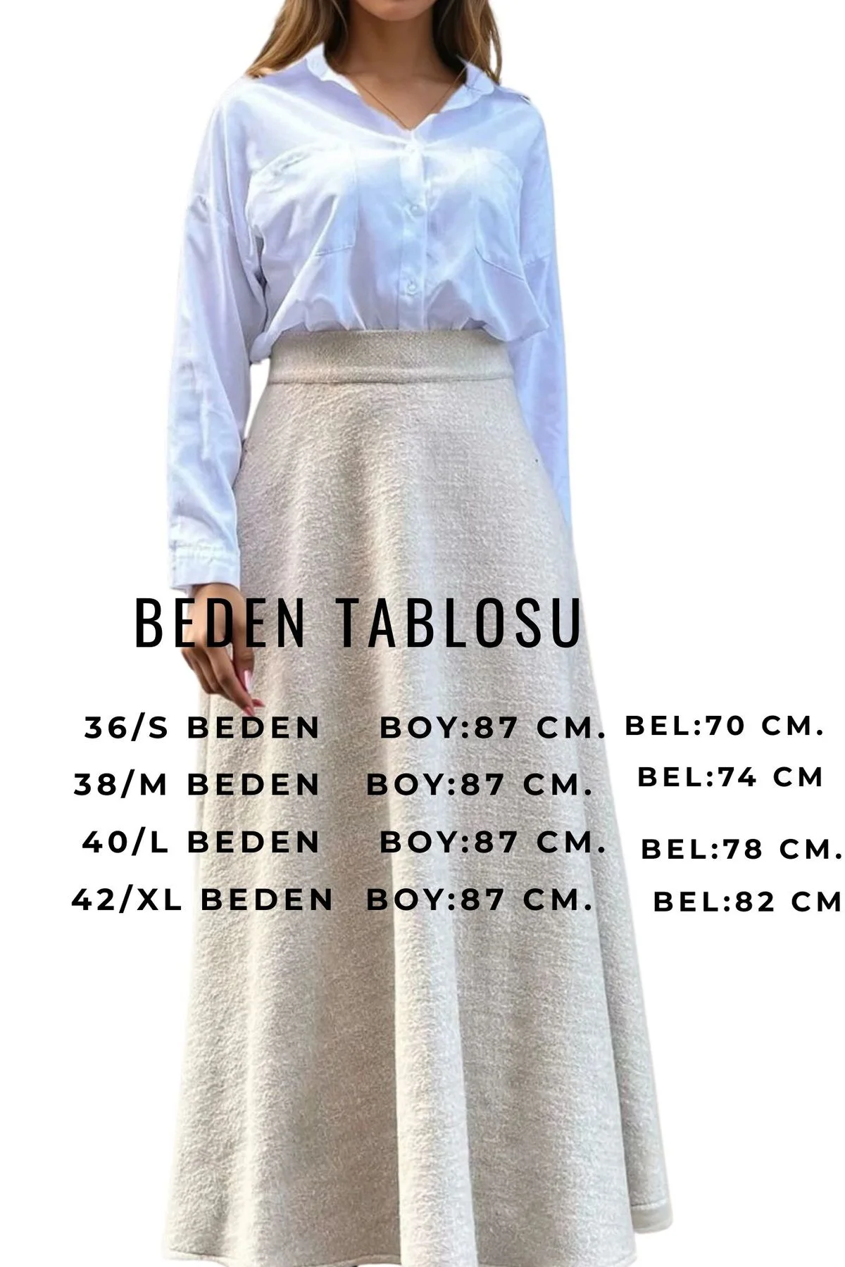 Kadın Ekru Kışlık Kırçıllı Kaşe Etek, Cepli, Yüksek Bel, Uzun, Ki