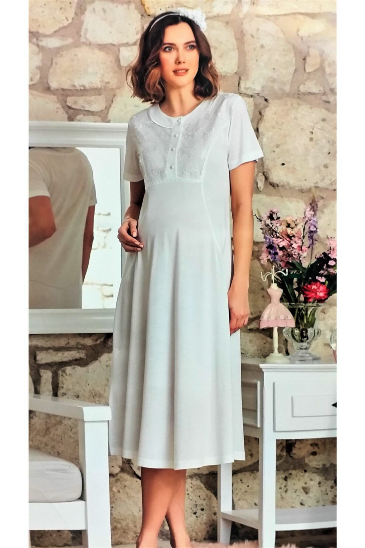 Flz Kadın Ekru Lohusa Gecelik