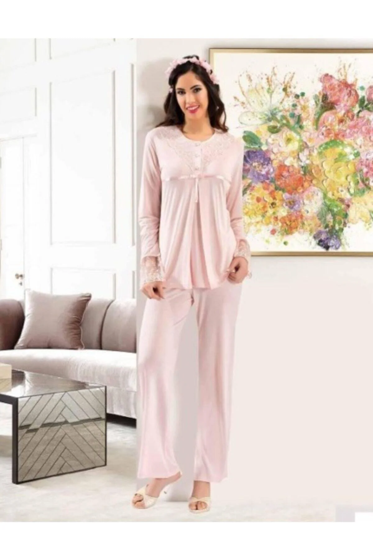 Kadın Ekru Lohusa Pijama Takımı