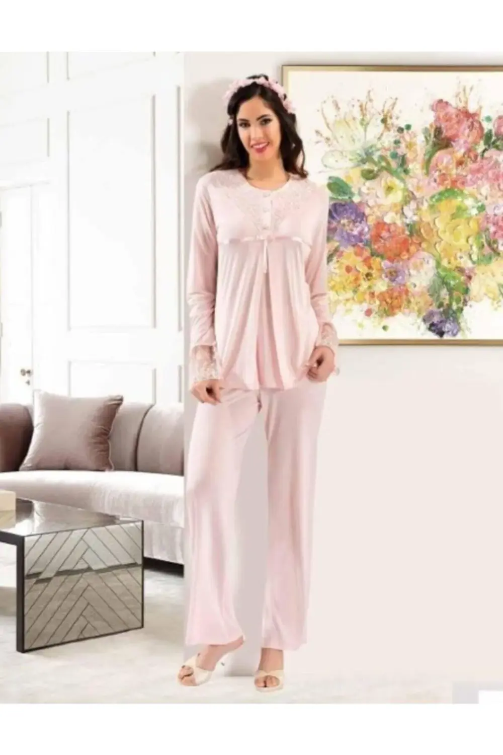 Kadın Ekru Lohusa Pijama Takımı