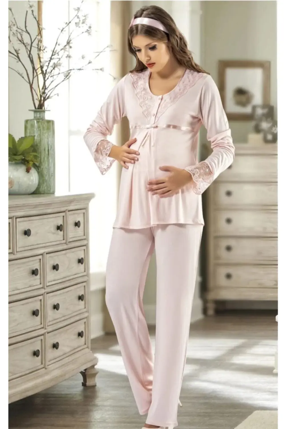 Kadın Ekru Lohusa Pijama Takımı