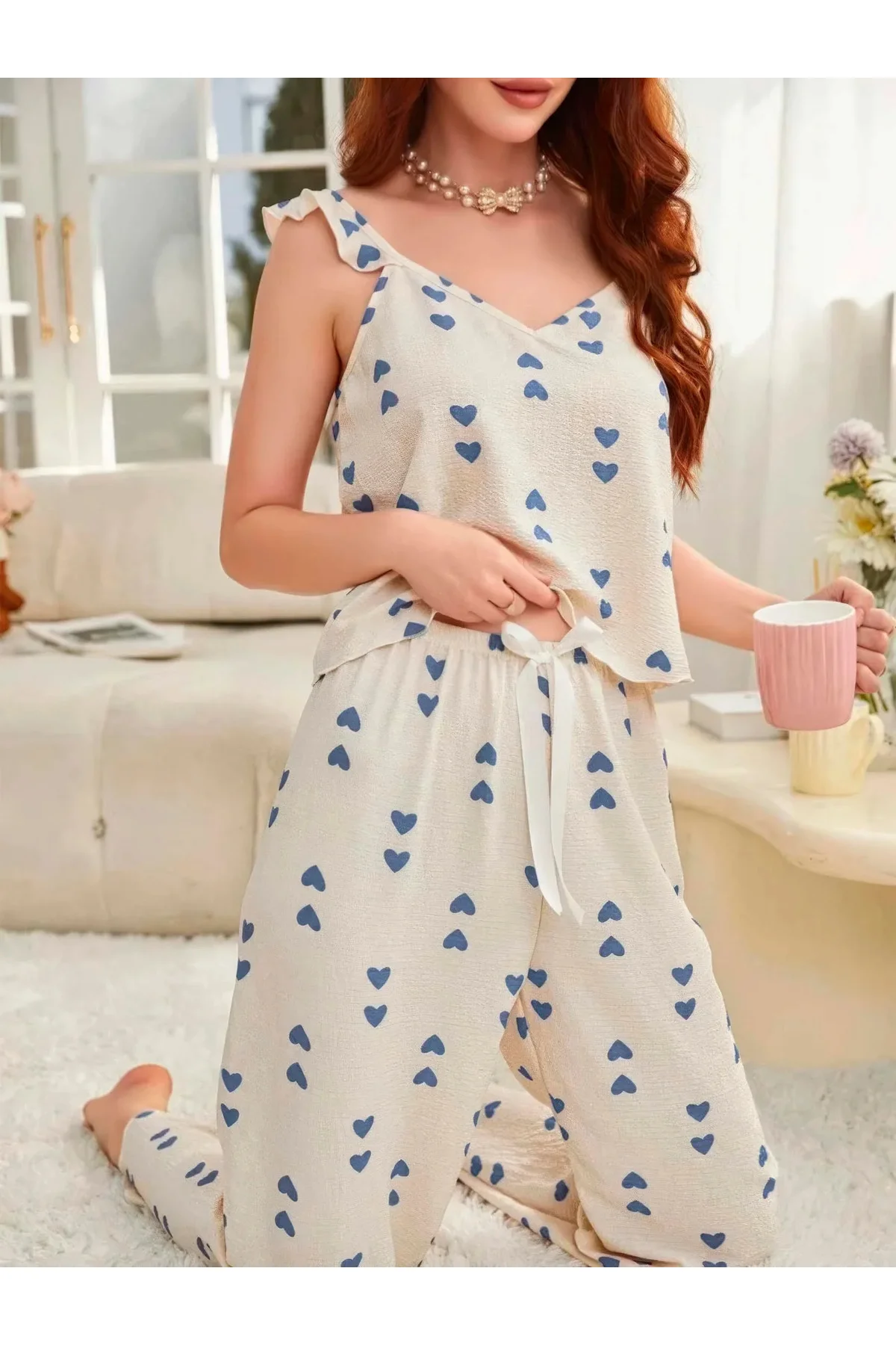 Kadın Ekru Mavi Kalp Desenli Yumuşak Pamuklu Uzun Pijama Takımı 5137