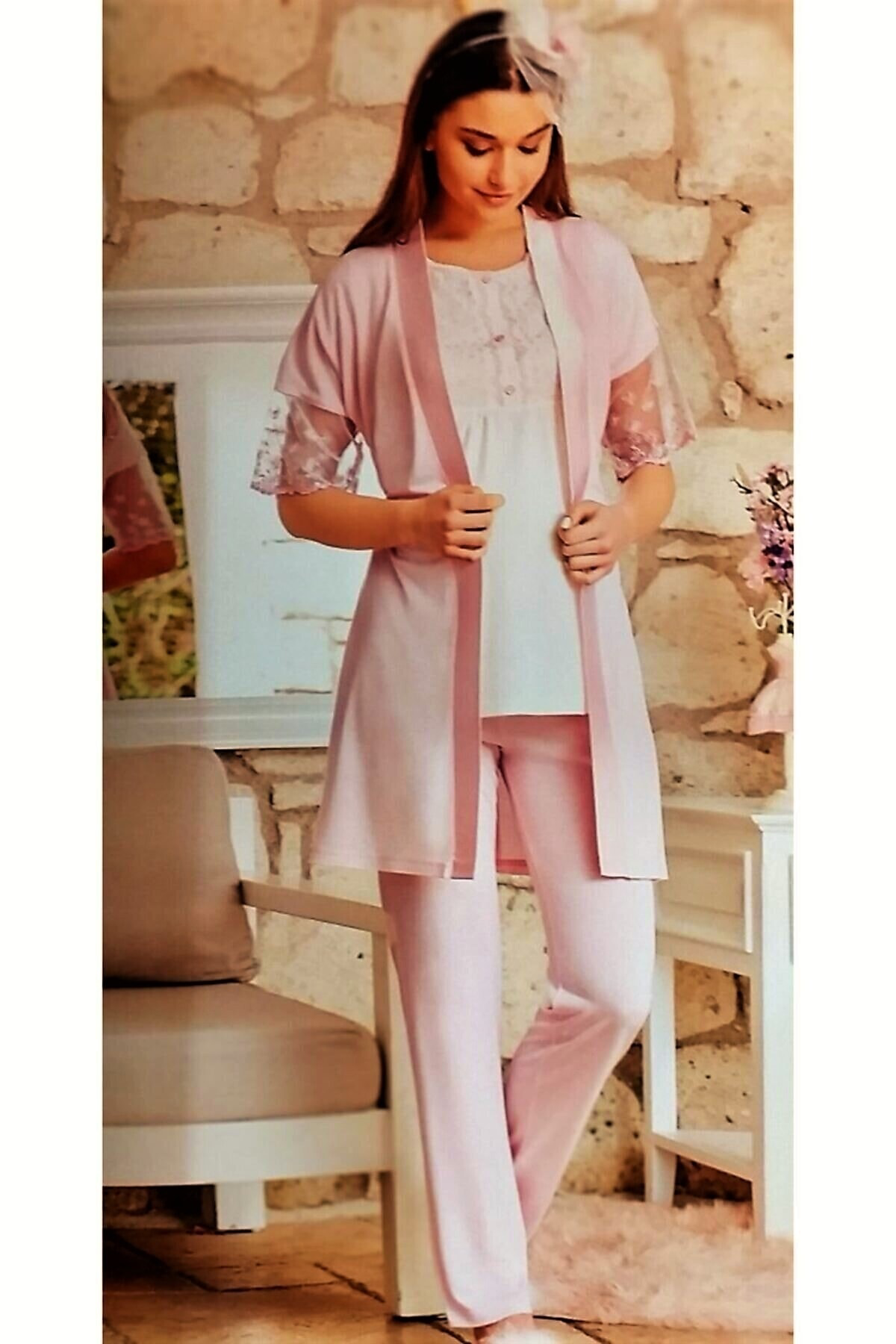 Flz Kadın Ekru Pembe Lohusa Seti