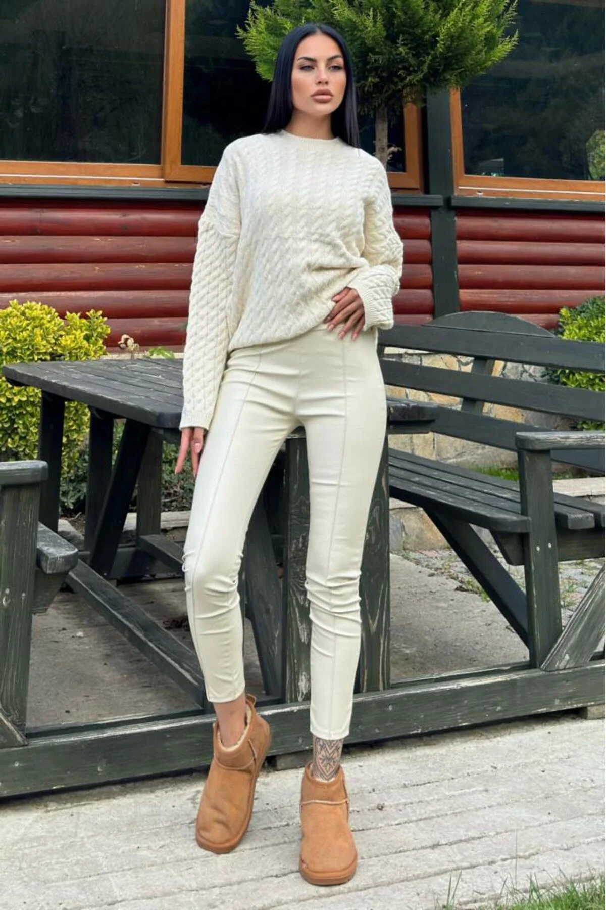 Kadın Ekru Tayt Pantolon, Arka Beli Lastikli, Esnek 3665286