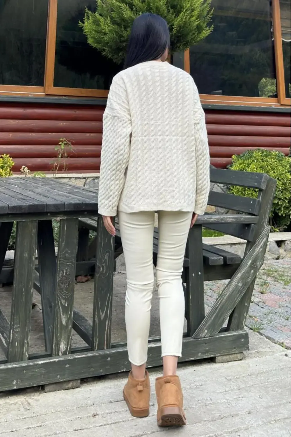 Kadın Ekru Tayt Pantolon, Arka Beli Lastikli, Esnek 3655220