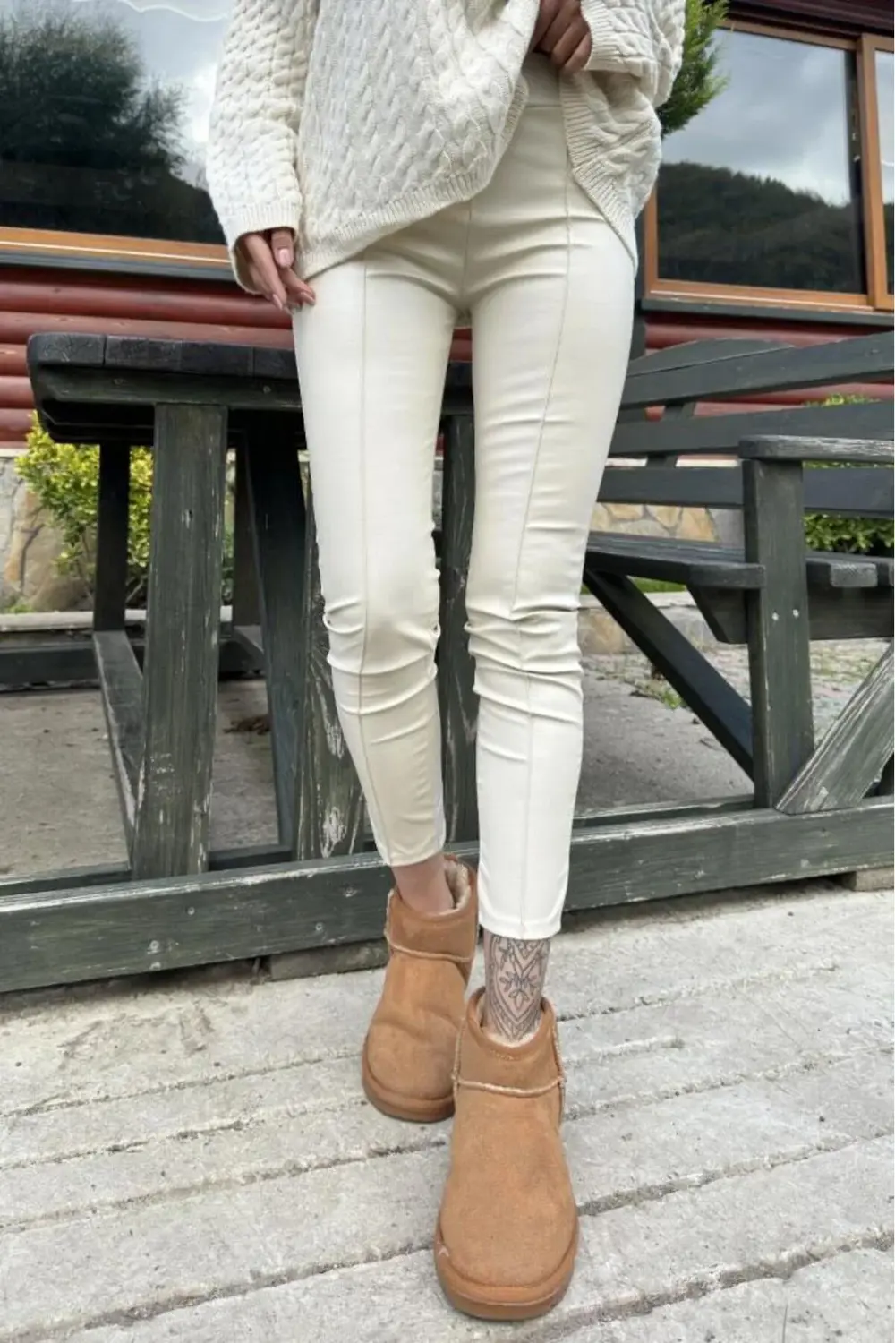 Kadın Ekru Tayt Pantolon, Arka Beli Lastikli, Esnek 3655220