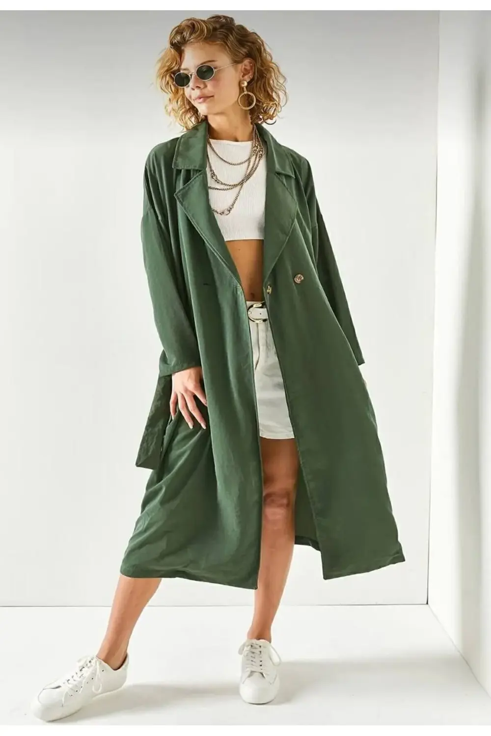 Kadın Ekstra Bol Kesim Siyah Ince Kemerli Cepli Düğmeli Yumuşak D