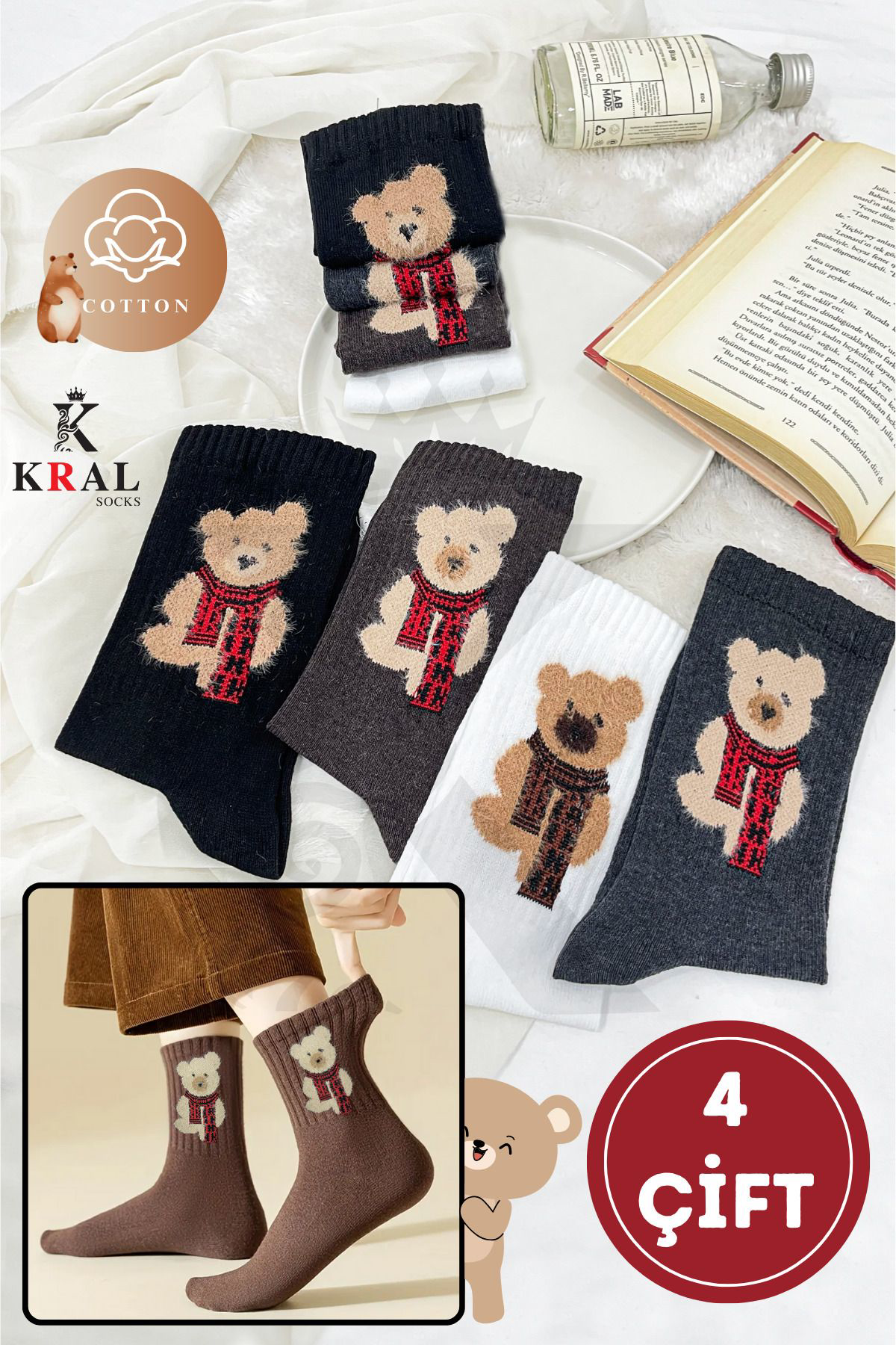 Kadın Erkek Sevimli Ayıcık (4 ÇİFT) Kolej Model Pamuklu Terletmez