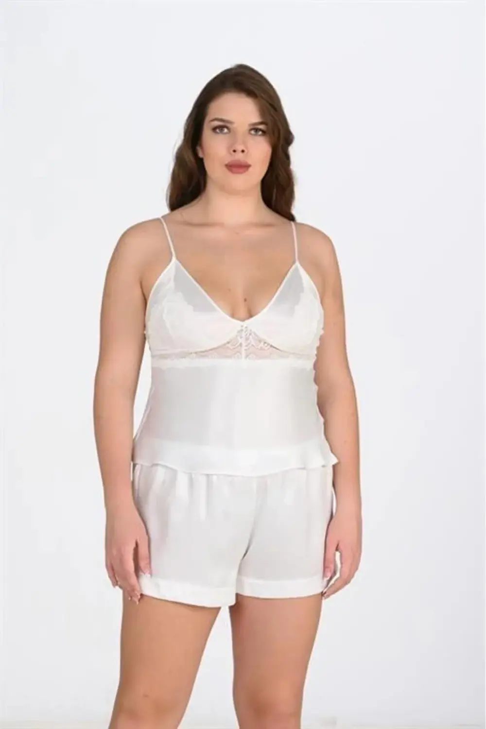 Kadın Fantazi İç Giyim Büyük Beden Ekru Şort Takımı - Şehvetli ve