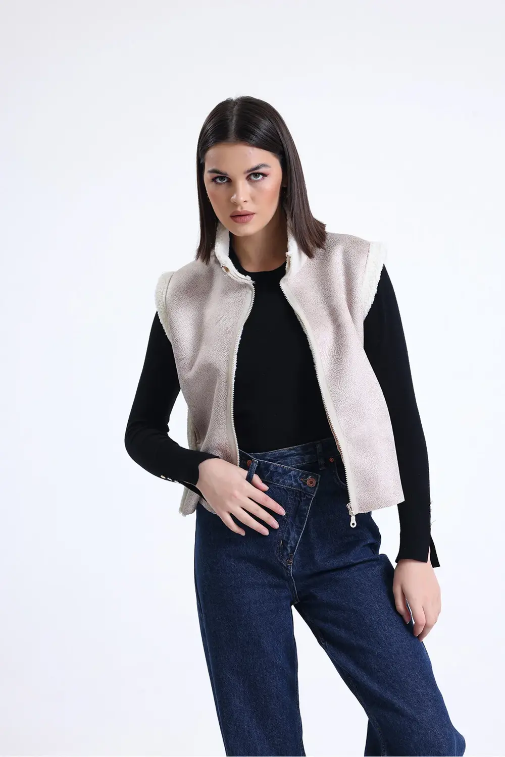 Kadın Fermuarlı, İçi & Yakası Kürklü Yelek