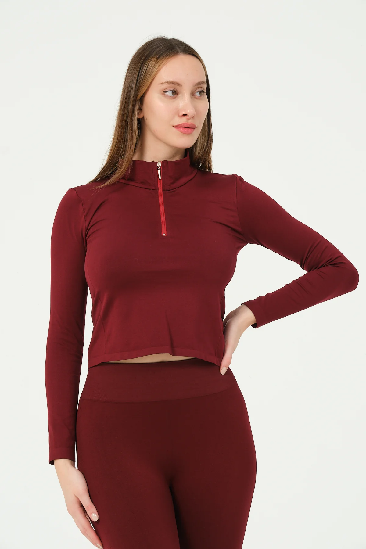Kadın Fermuarlı Spor Crop Top Dikişsiz