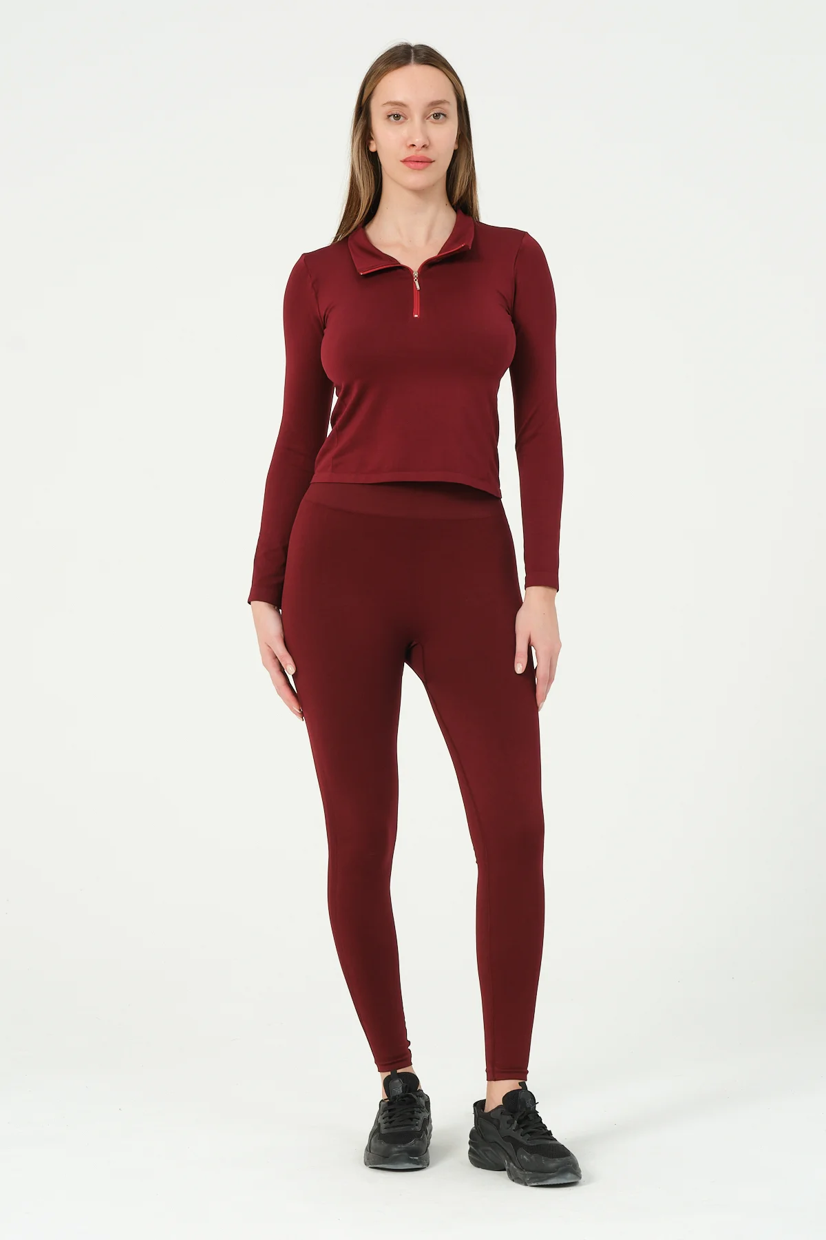 Kadın Fermuarlı Spor Crop Top Dikişsiz