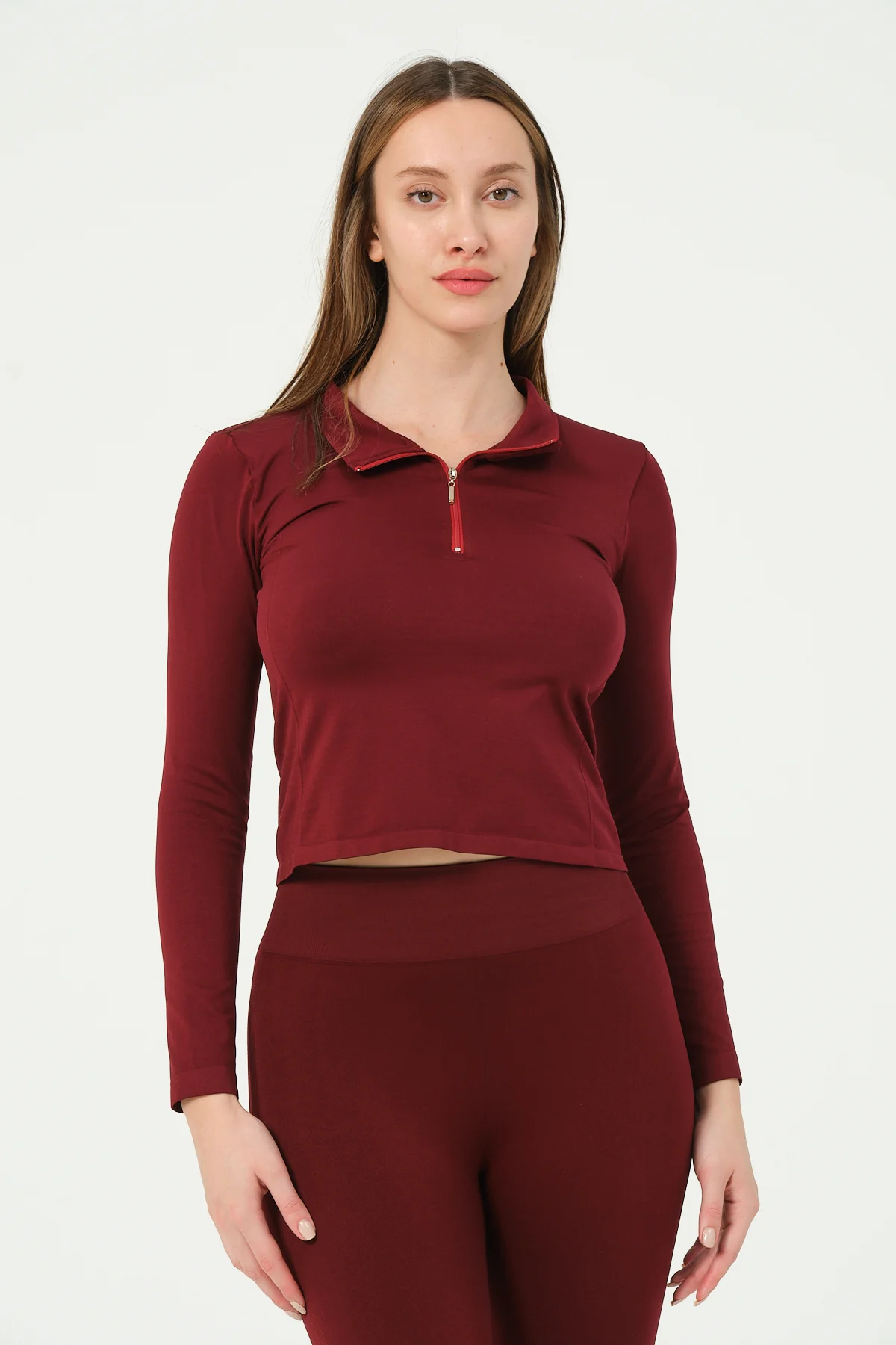Kadın Fermuarlı Spor Crop Top Dikişsiz