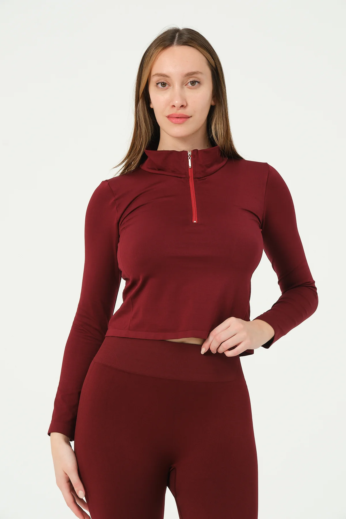 Kadın Fermuarlı Spor Crop Top Dikişsiz