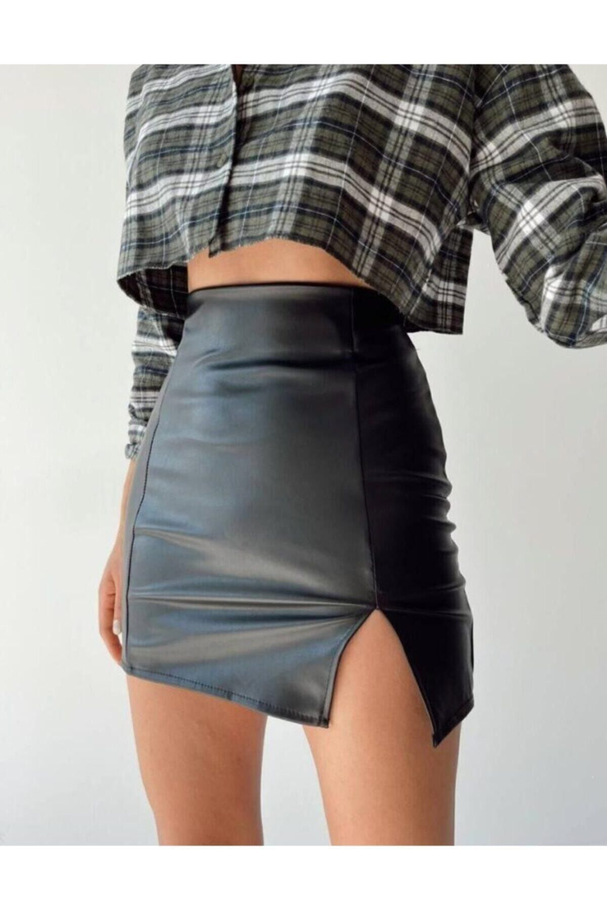 Yves Bertelin Kadin Fermuarli Yirtmaçli Deri Etek