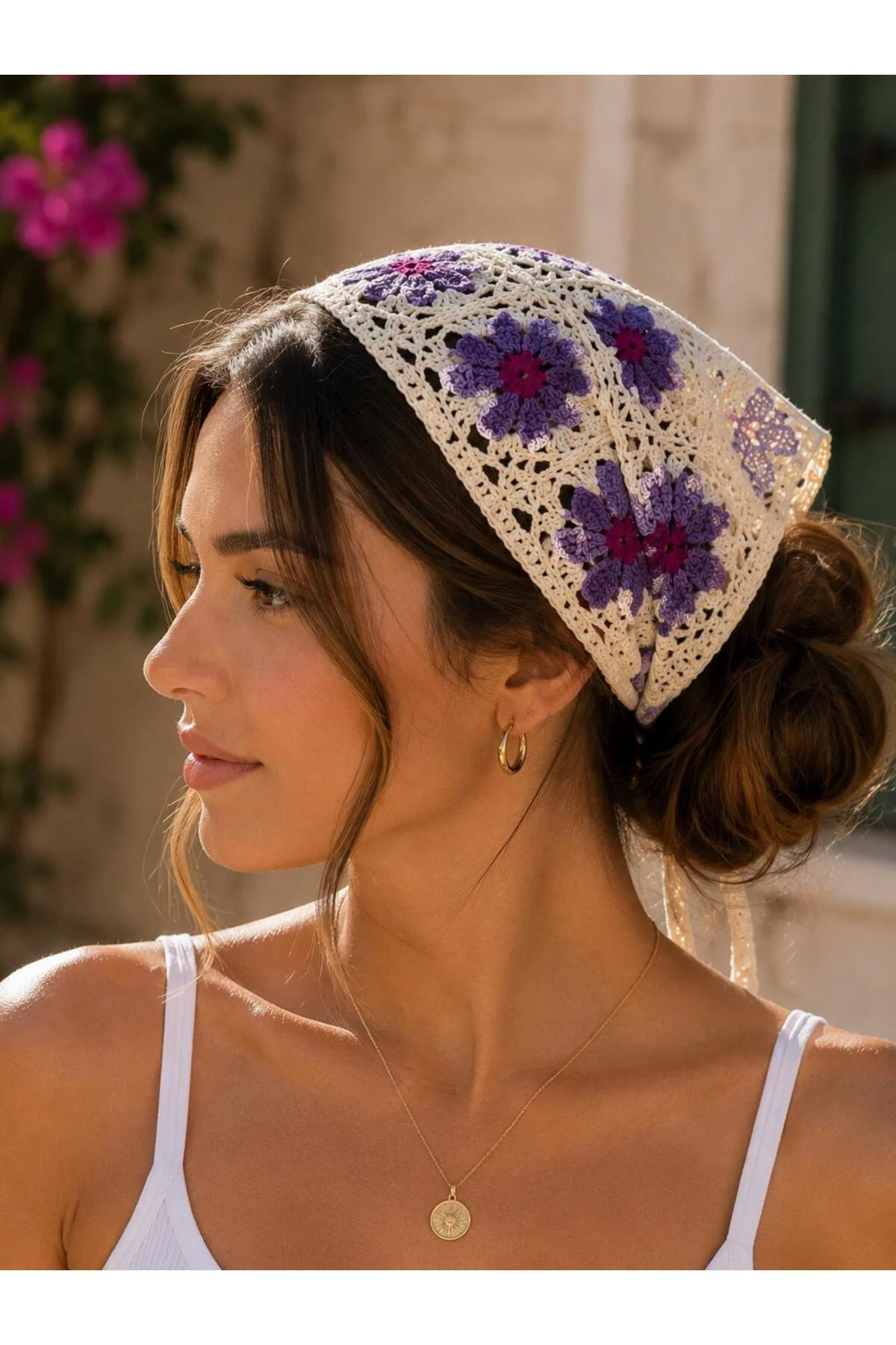 Kadın File Örgü Papatya Desen File Bandana, Saç Bandansı, Trend Y