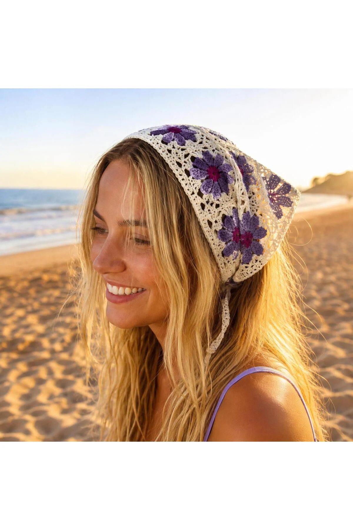 Kadın File Örgü Papatya Desen File Bandana, Saç Bandansı, Trend Y