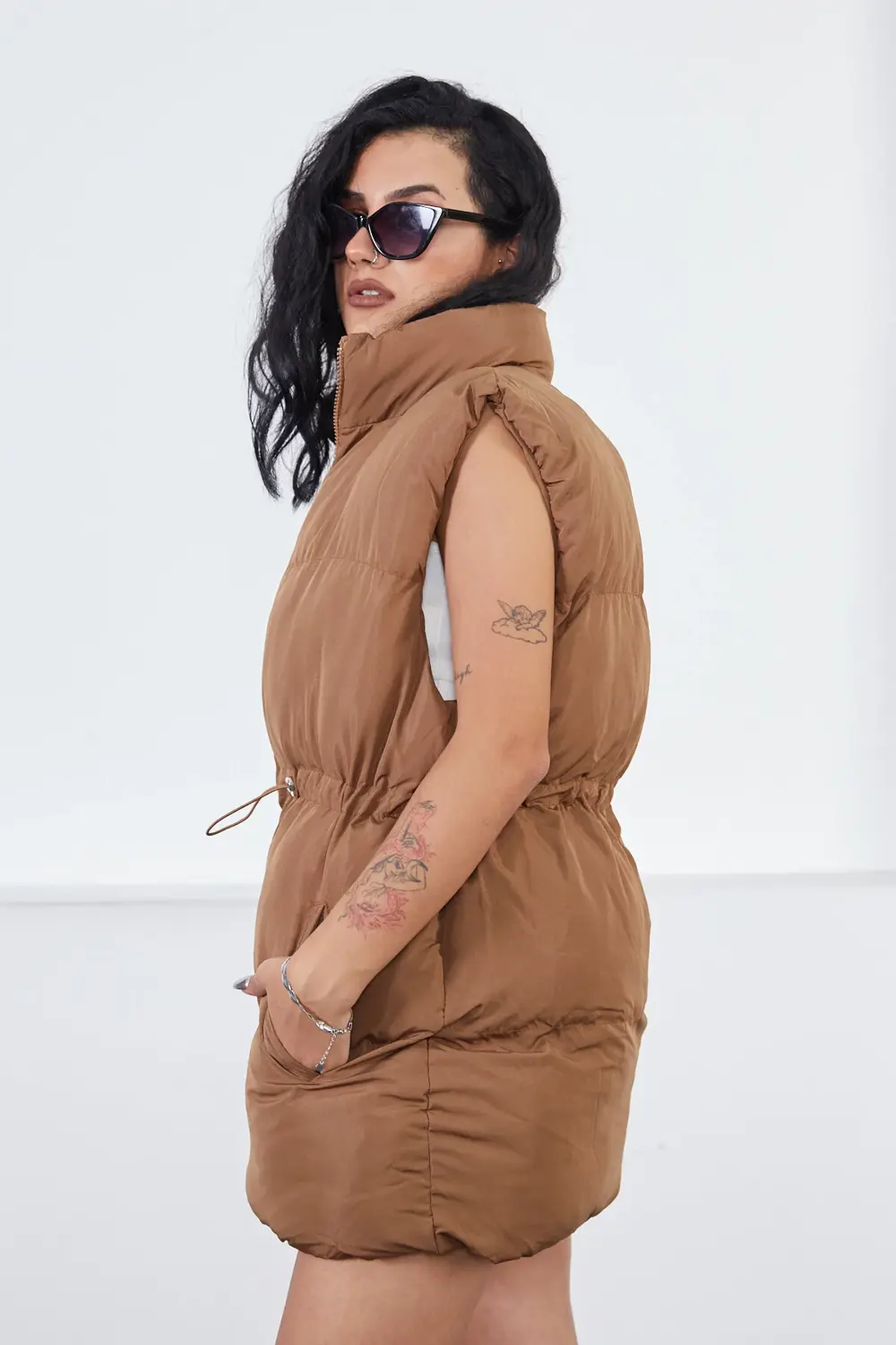 Kadın Filotalı Cep Çıtçıtlı Yakalı Uzun Şişme Yelek