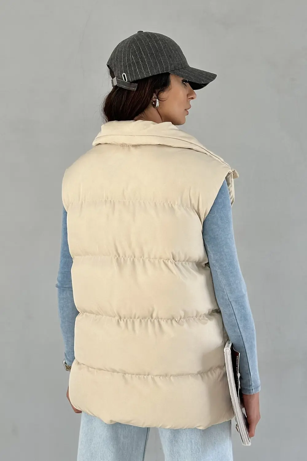 Moda Armanc Kadın Filotalı Cep Çıtçıtlı Yakalı Uzun Şişme Yelek