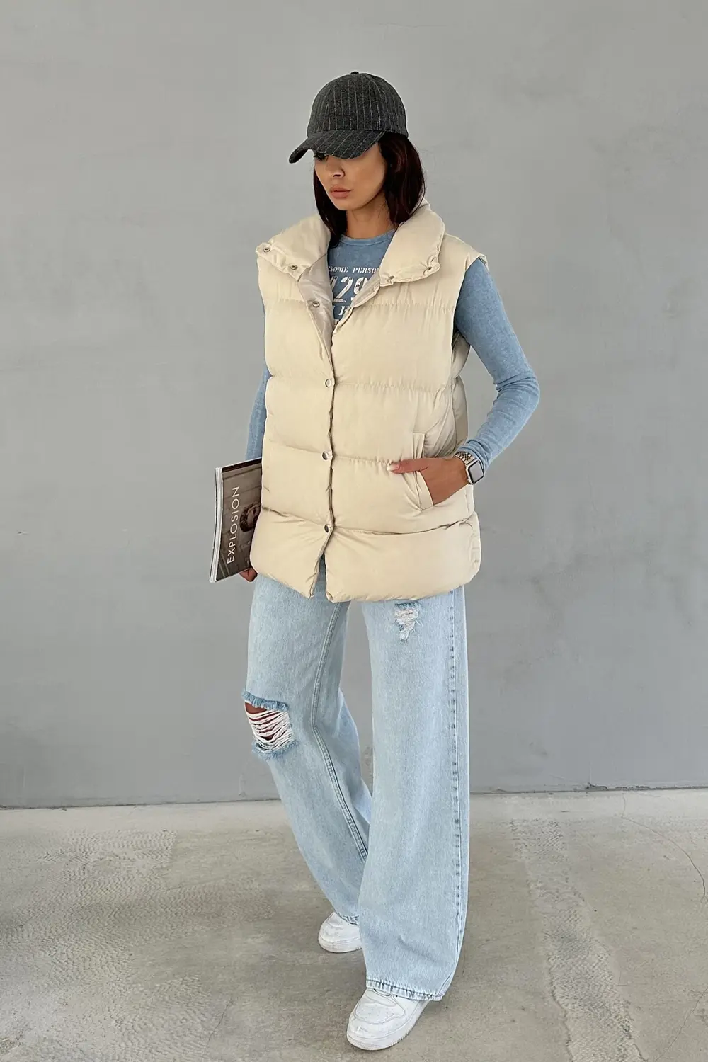 Moda Armanc Kadın Filotalı Cep Çıtçıtlı Yakalı Uzun Şişme Yelek