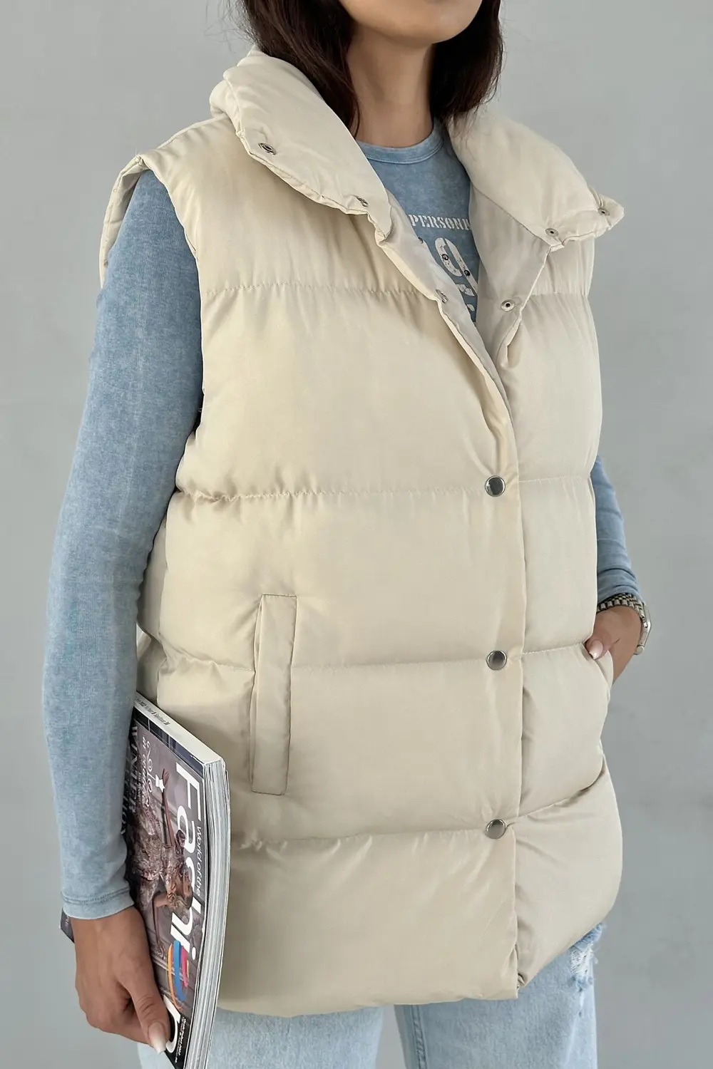 Moda Armanc Kadın Filotalı Cep Çıtçıtlı Yakalı Uzun Şişme Yelek