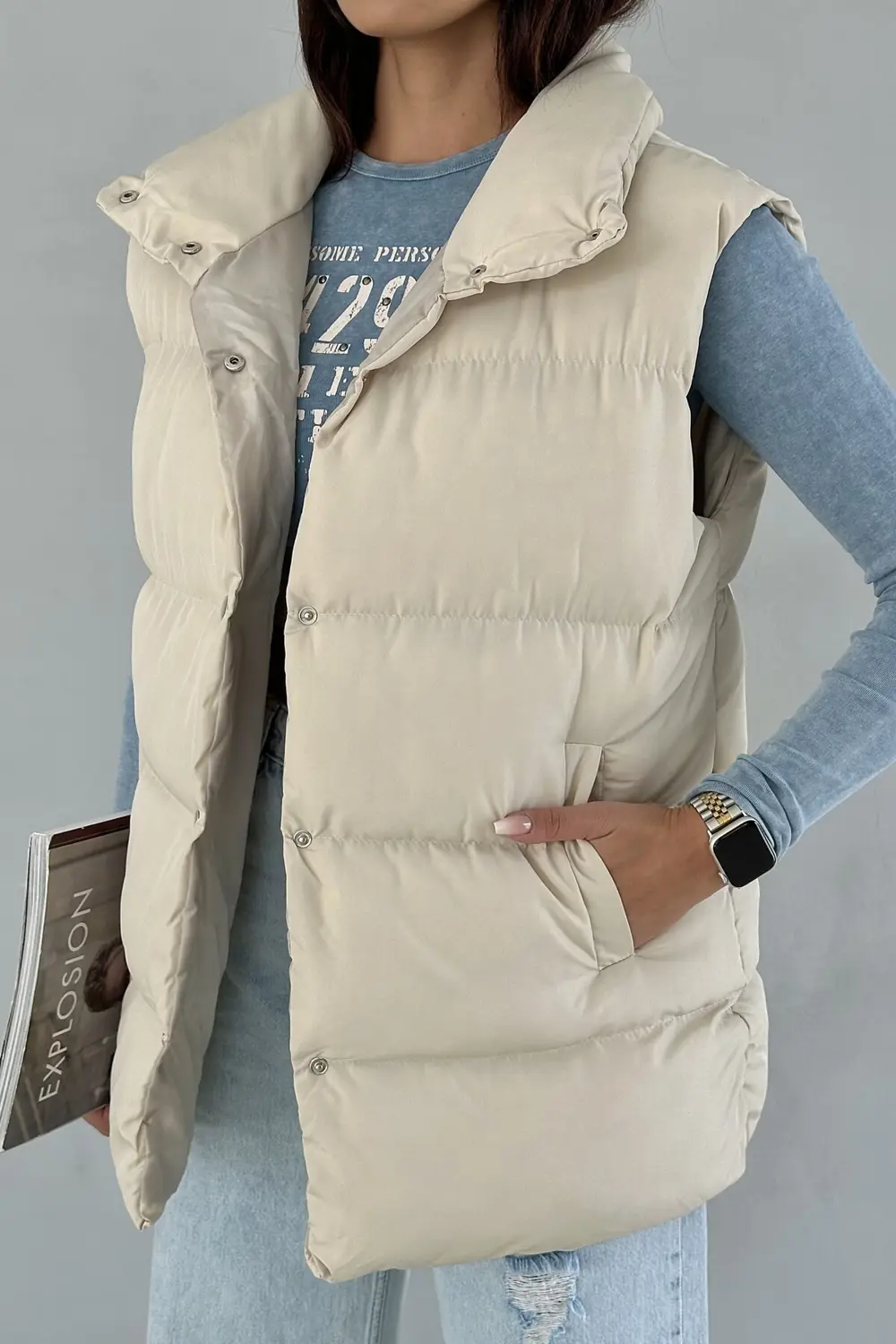 Moda Armanc Kadın Filotalı Cep Çıtçıtlı Yakalı Uzun Şişme Yelek