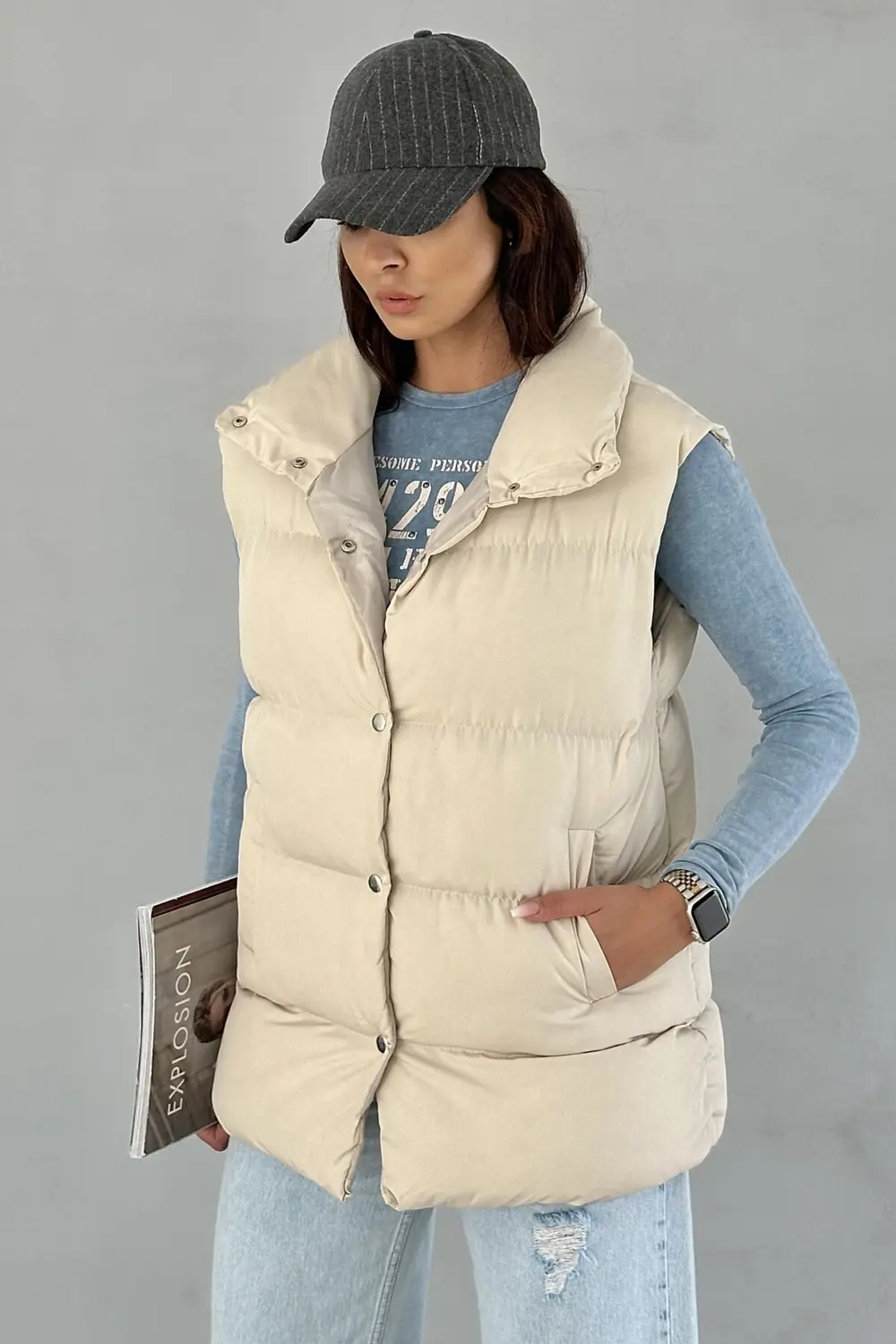 Moda Armanc Kadın Filotalı Cep Çıtçıtlı Yakalı Uzun Şişme Yelek