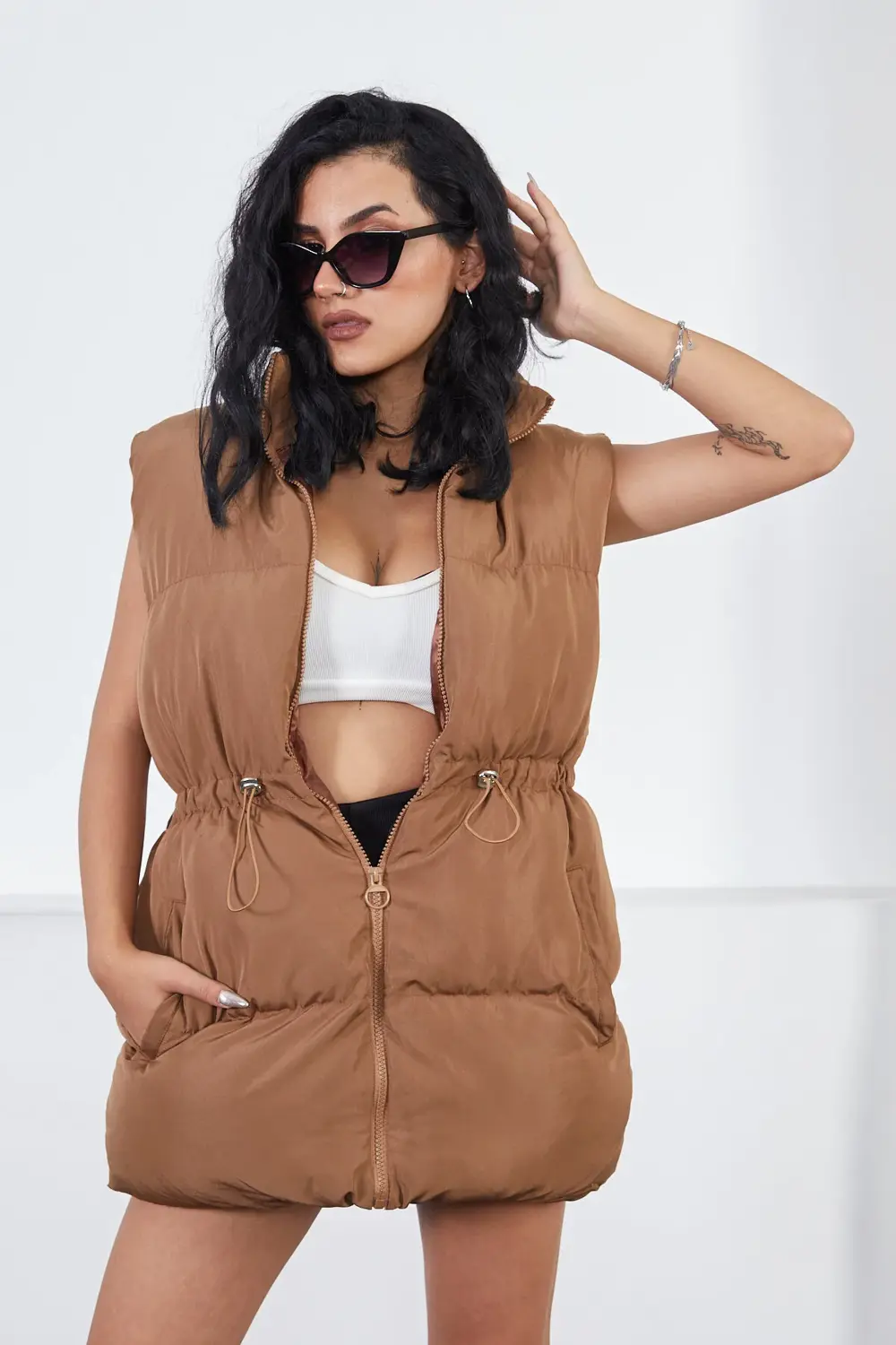 Kadın Filotalı Cep Çıtçıtlı Yakalı Uzun Şişme Yelek