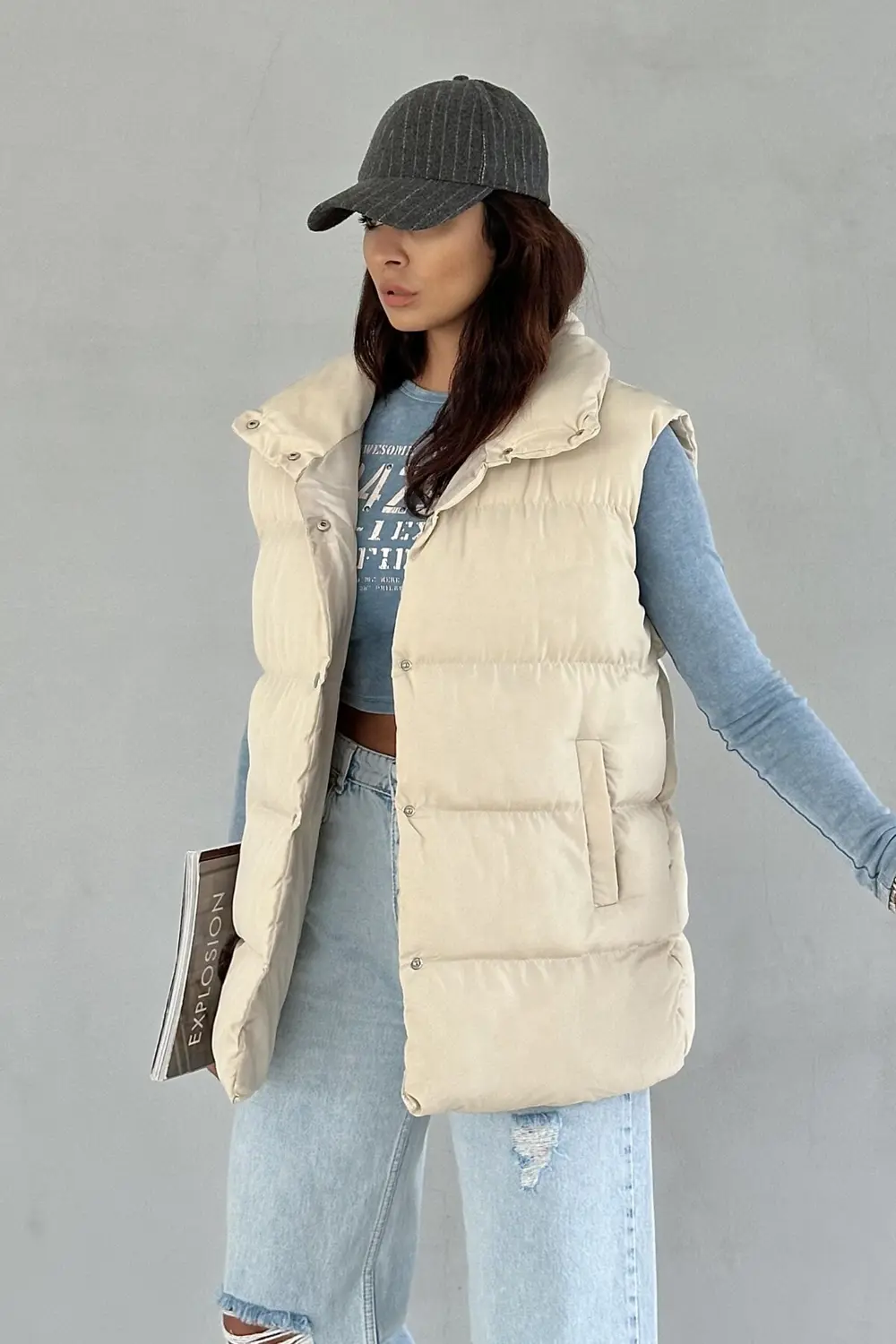 Moda Armanc Kadın Filotalı Cep Çıtçıtlı Yakalı Uzun Şişme Yelek