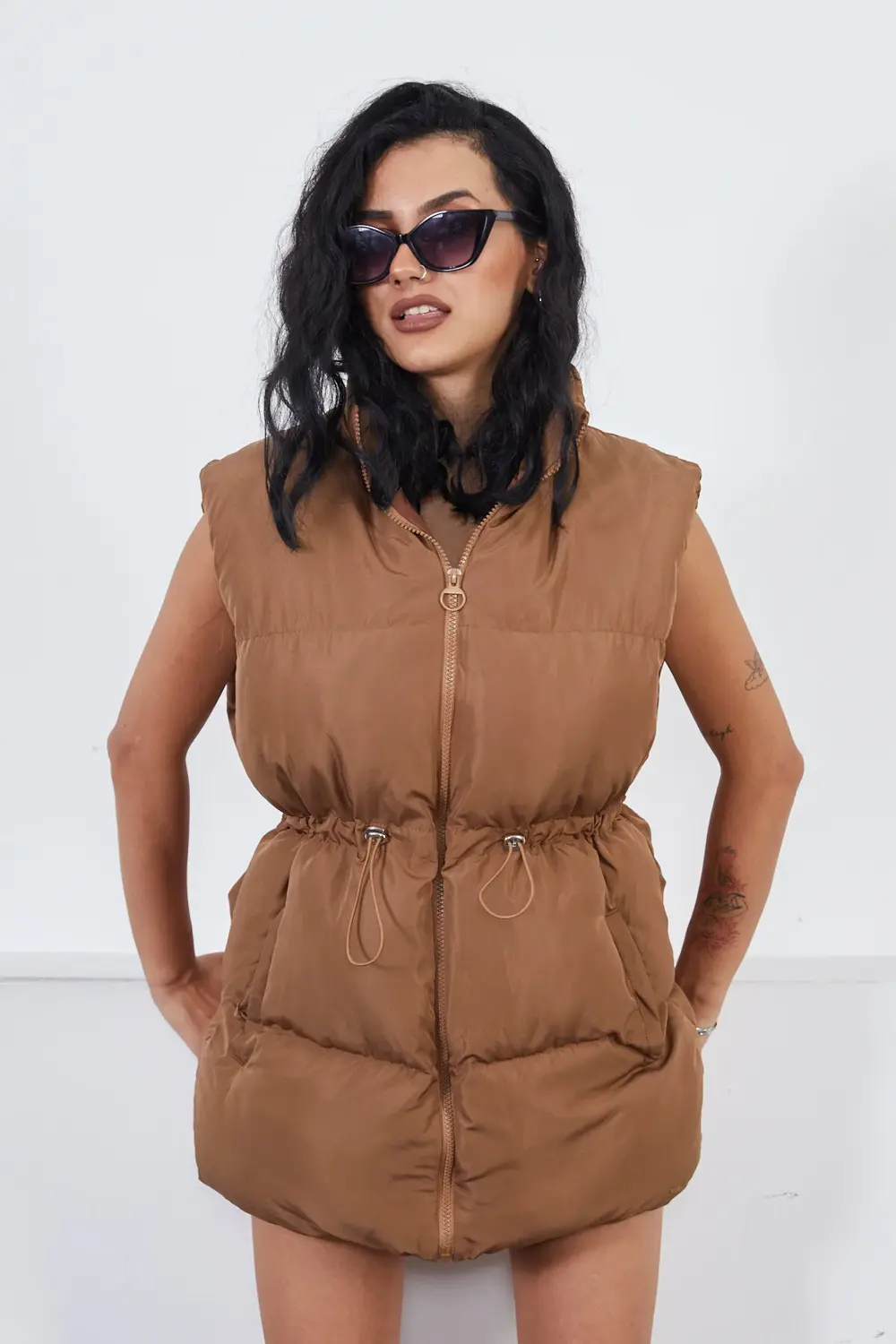 Kadın Filotalı Cep Çıtçıtlı Yakalı Uzun Şişme Yelek