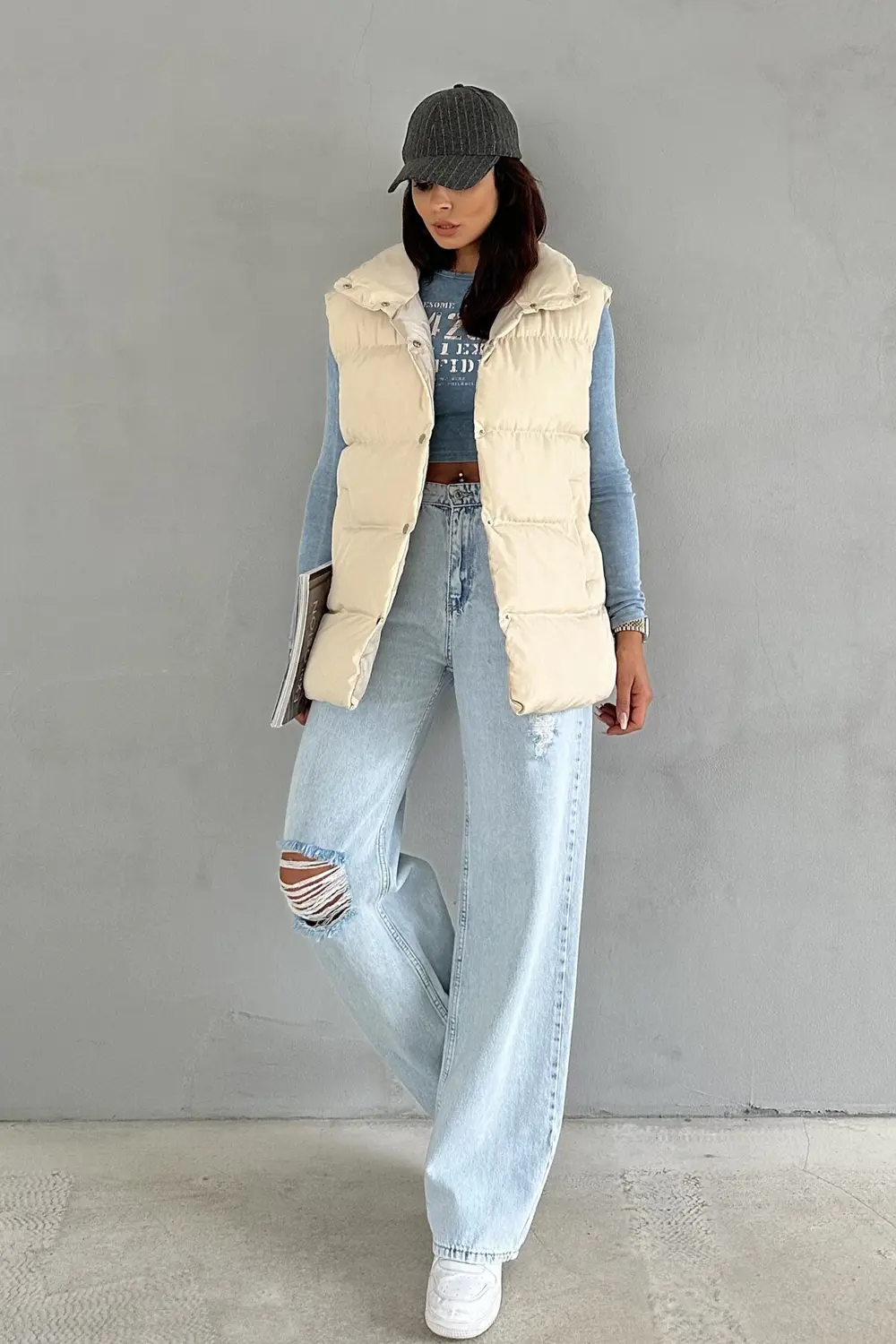 Moda Armanc Kadın Filotalı Cep Çıtçıtlı Yakalı Uzun Şişme Yelek