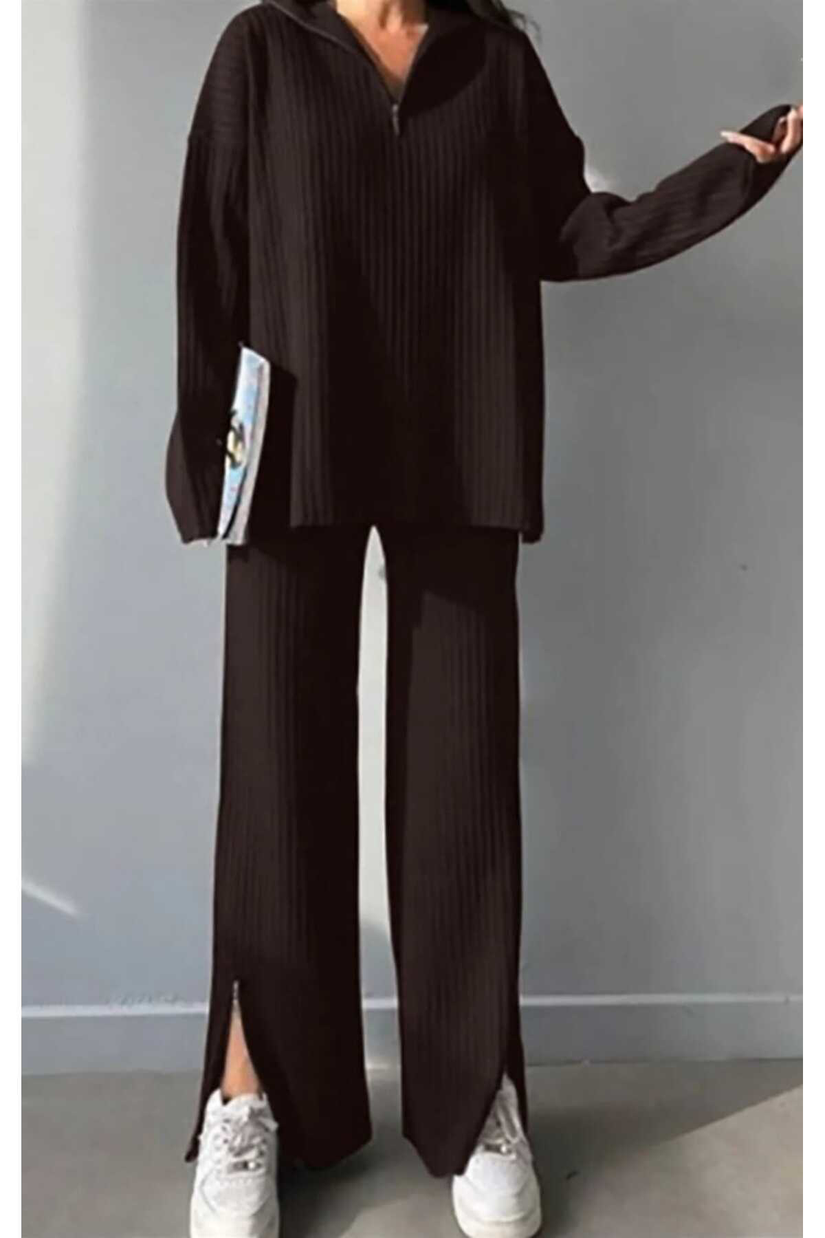 Bluetex Kadın Fitilli Yaka Fermuarlı Paçası Fermuarlı Yanlardan Yırtmaçlı