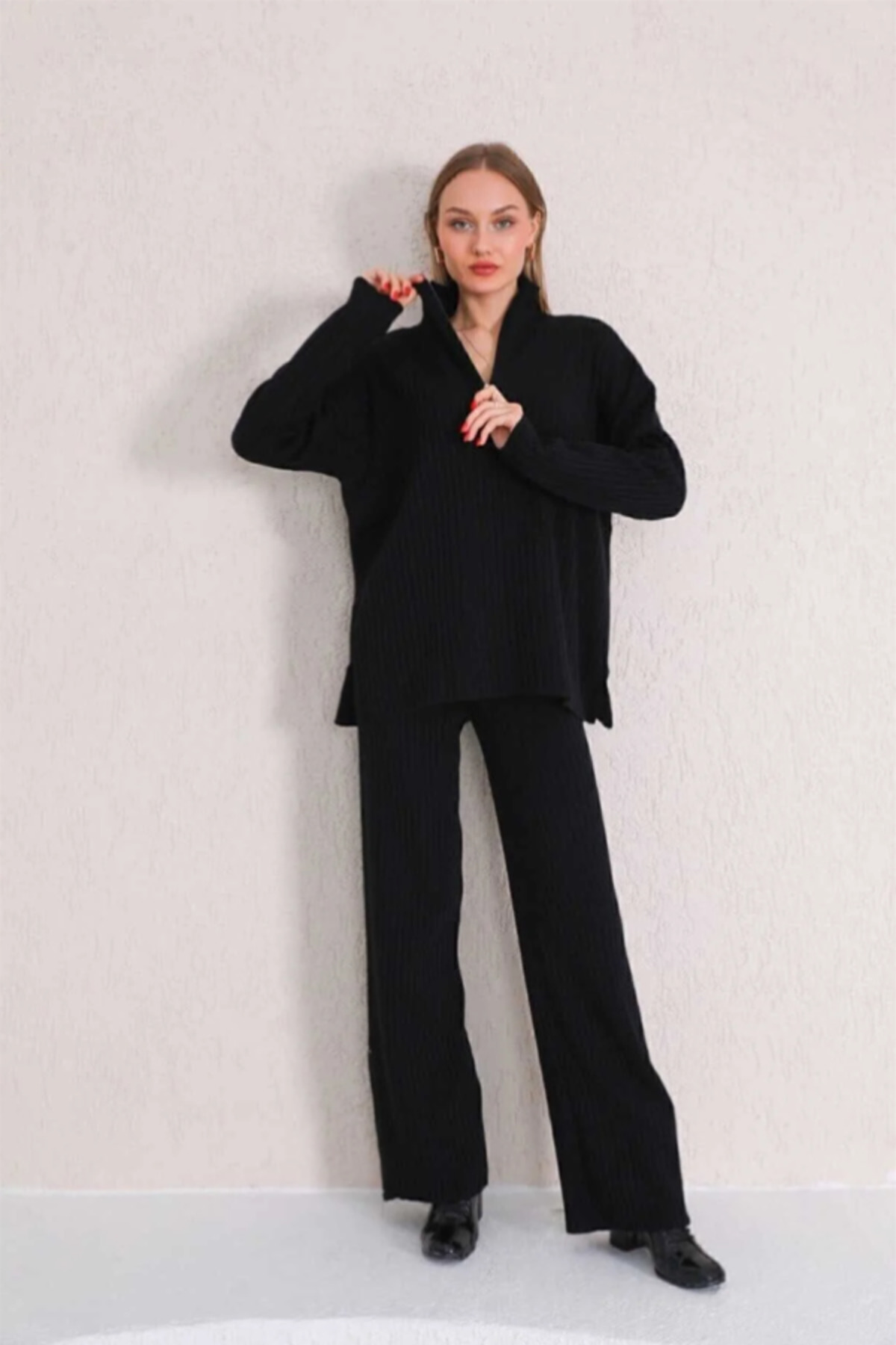 Diğer Markalar Kadın Fitilli Yaka Fermuarlı Paçası Yırtmaçlı Yanlardan Fermuarlı