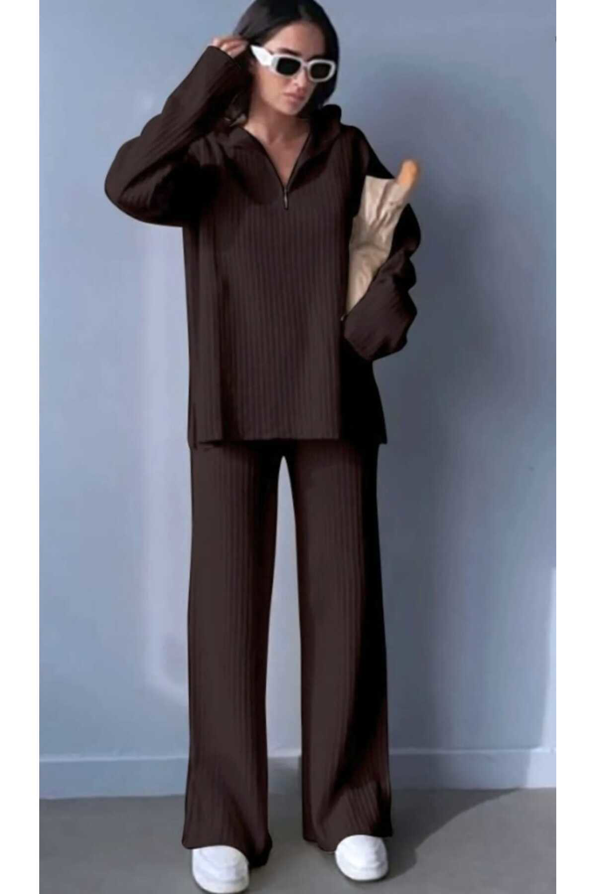 Bluetex Kadın Fitilli Yaka Fermuarlı Paçası Fermuarlı Yanlardan Yırtmaçlı