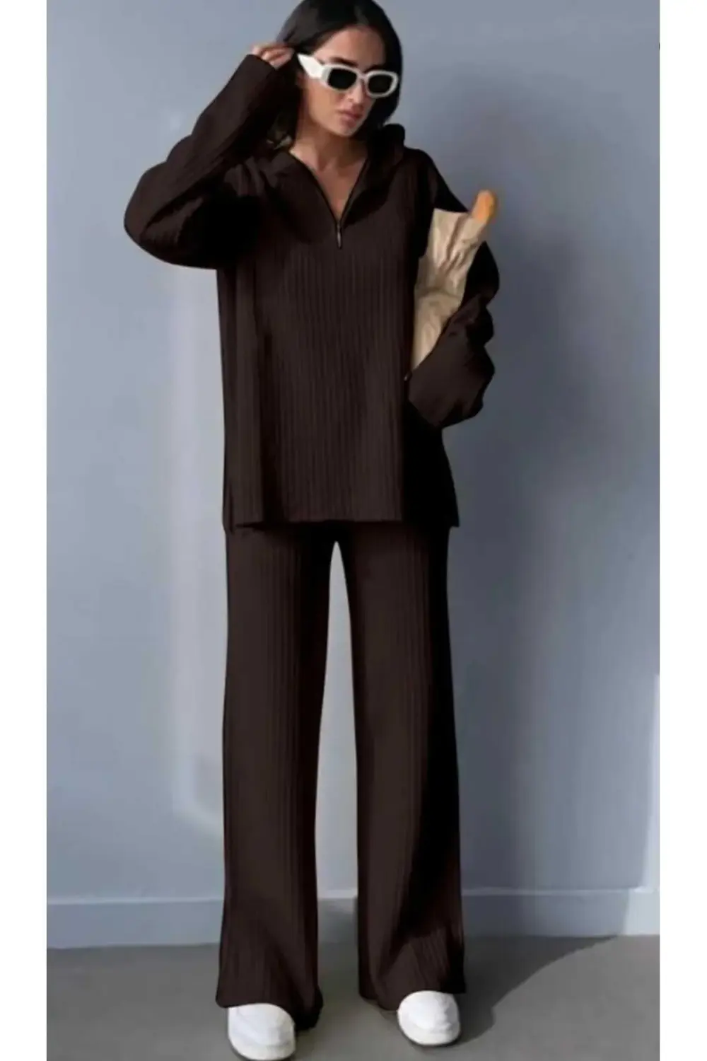 Kadın Fitilli Yaka Fermuarlı Paçası Fermuarlı Yanlardan Yırtmaçlı