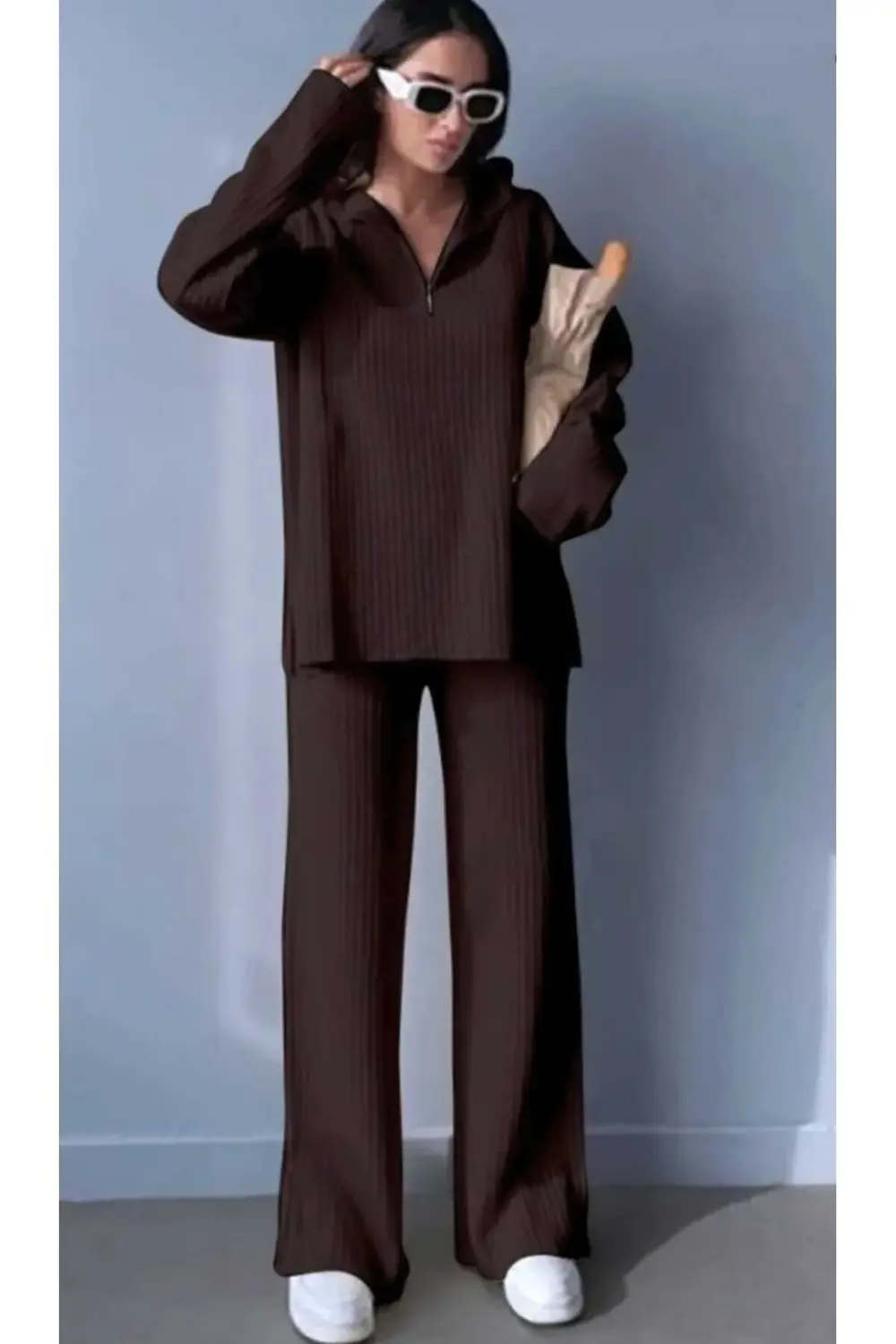 Kadın Fitilli Yaka Fermuarlı Paçası Fermuarlı Yanlardan Yırtmaçlı