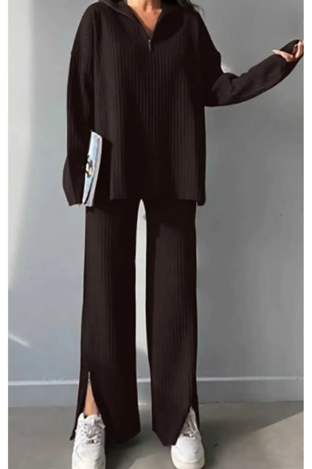 Kadın Fitilli Yaka Fermuarlı Paçası Fermuarlı Yanlardan Yırtmaçlı