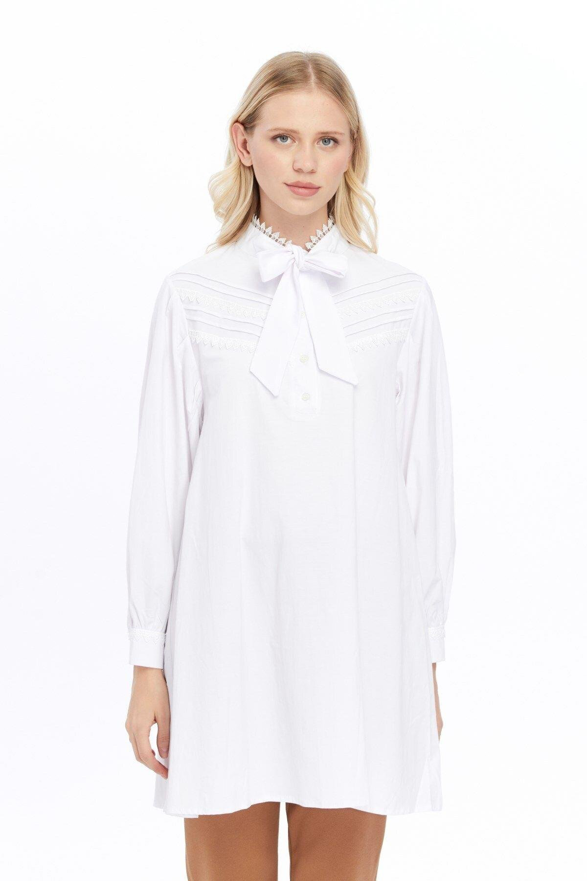 Kadın Fular Yaka Dantel Detaylı Salaş Poplin Tunik 4063/90