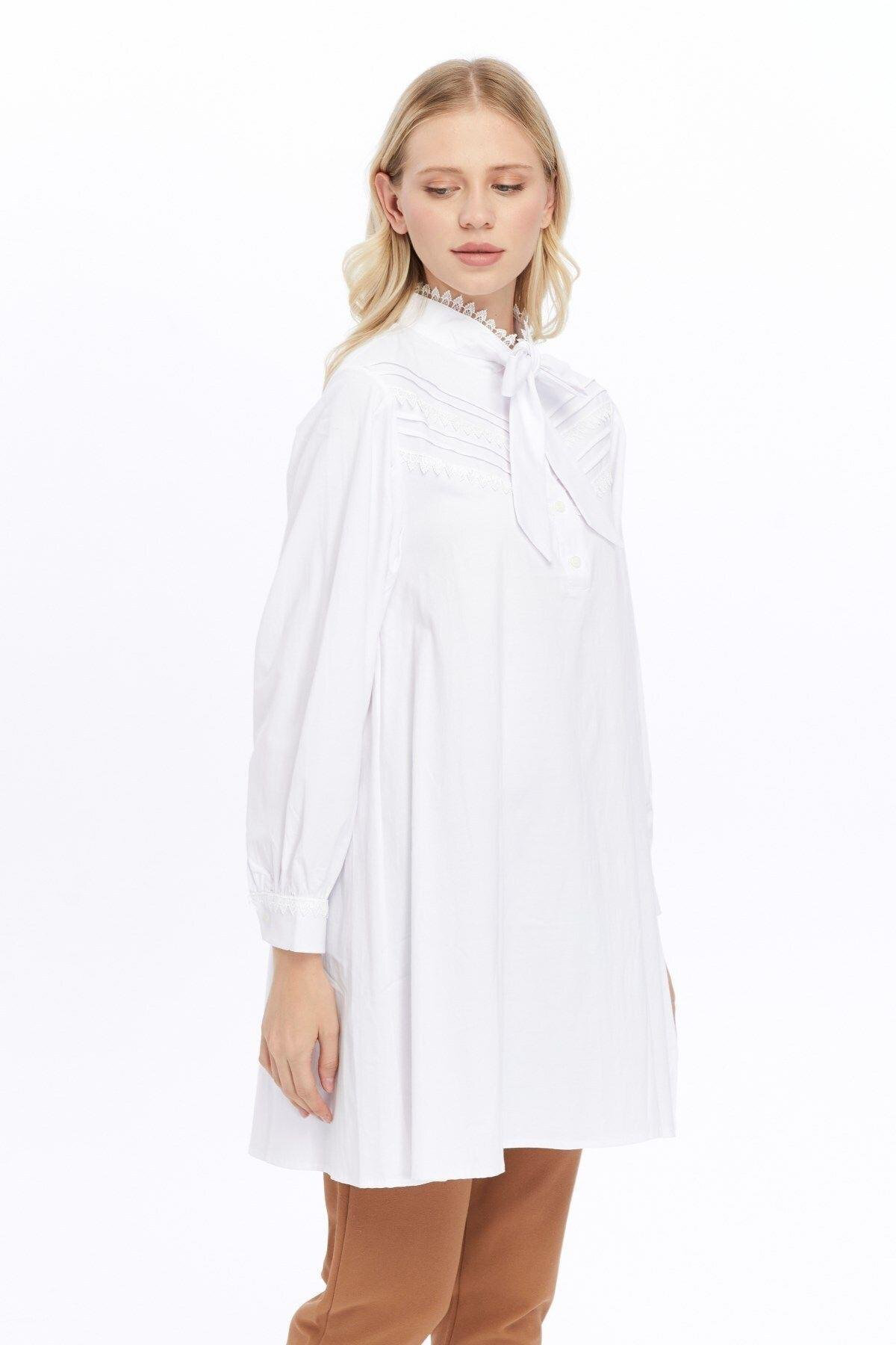 Kadın Fular Yaka Dantel Detaylı Salaş Poplin Tunik 4063/90