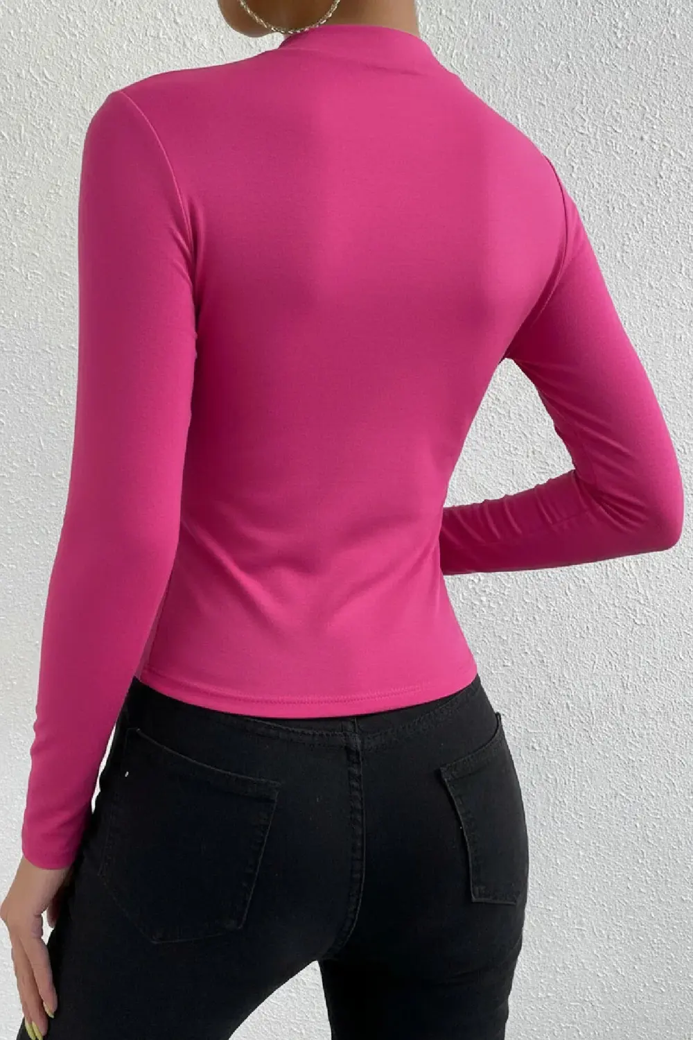 Kadın Fuşya Belden Ve Boyundan Büzgü Detaylı Uzun Kollu Bluz