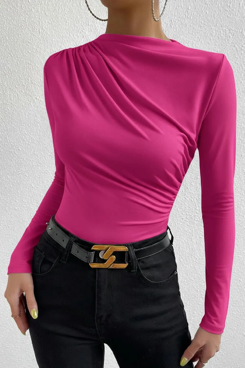 Kadın Fuşya Belden Ve Boyundan Büzgü Detaylı Uzun Kollu Bluz