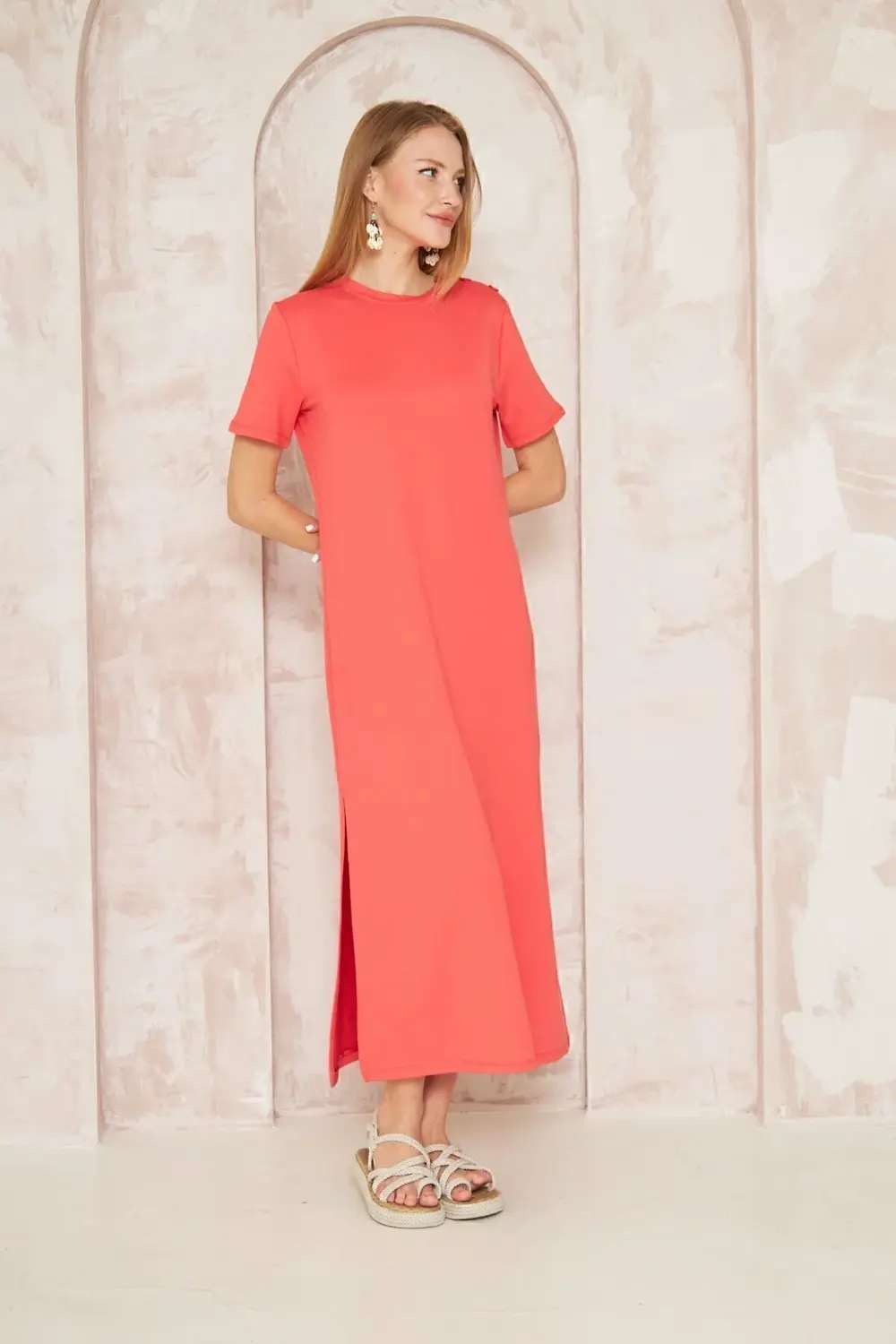 Kadın Fuşya Kısa Kollu Tam Boy Giy Çık Basic Elbise / Omzu Düğmel