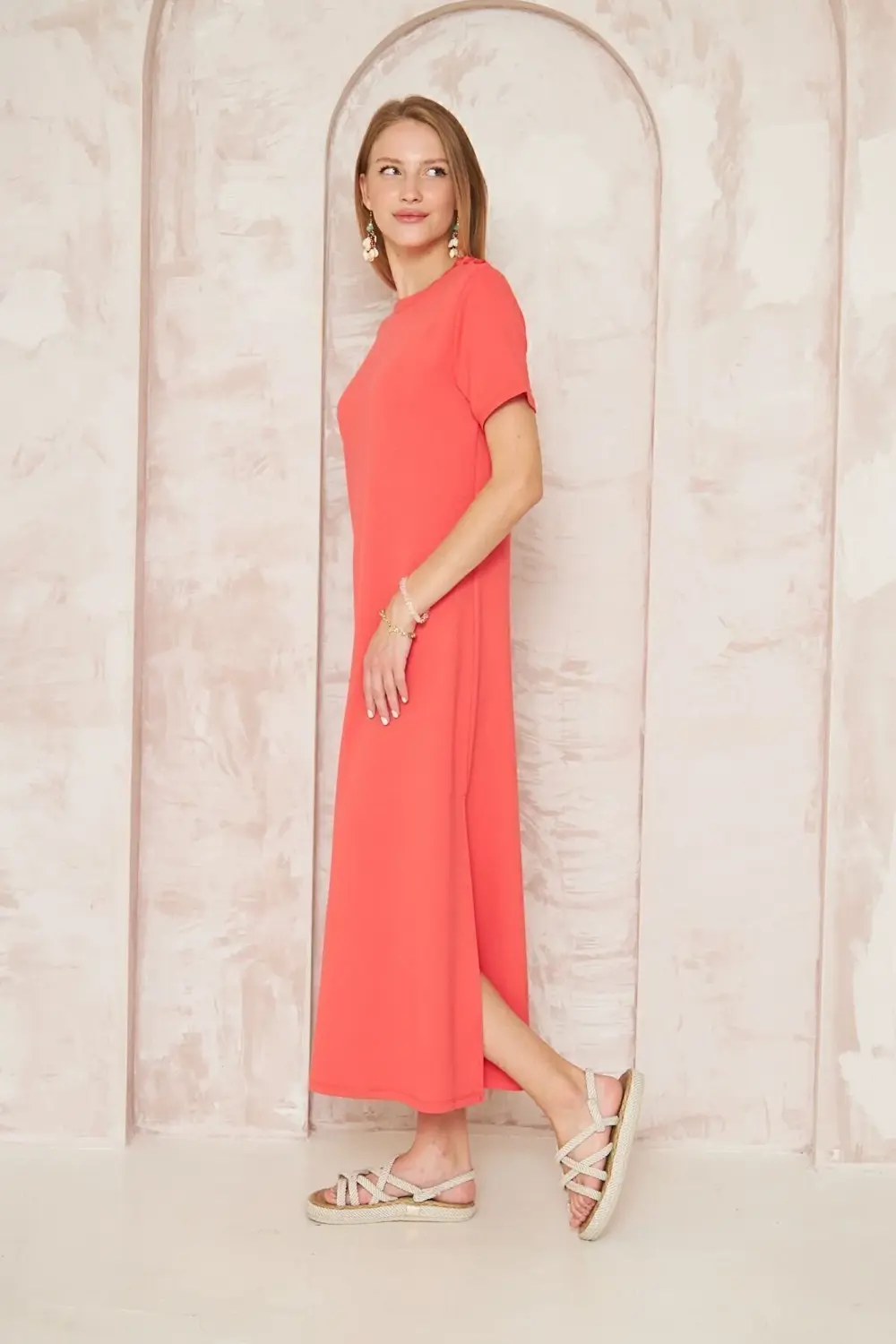 Kadın Fuşya Kısa Kollu Tam Boy Giy Çık Basic Elbise / Omzu Düğmel