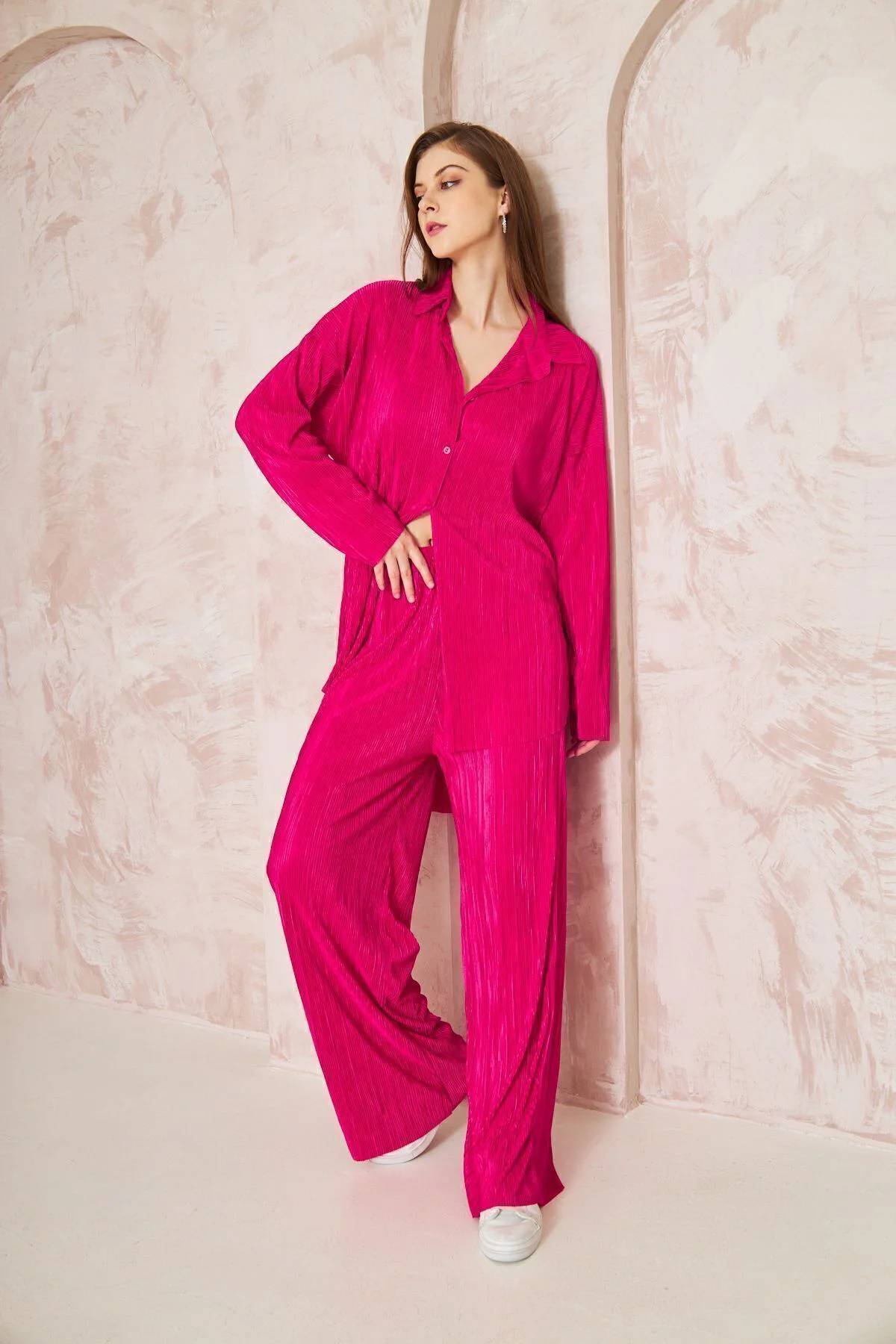 Kadın Benetton Pliseli Bol Beli Lastikli Pantolon Tunik Gömlek Ik