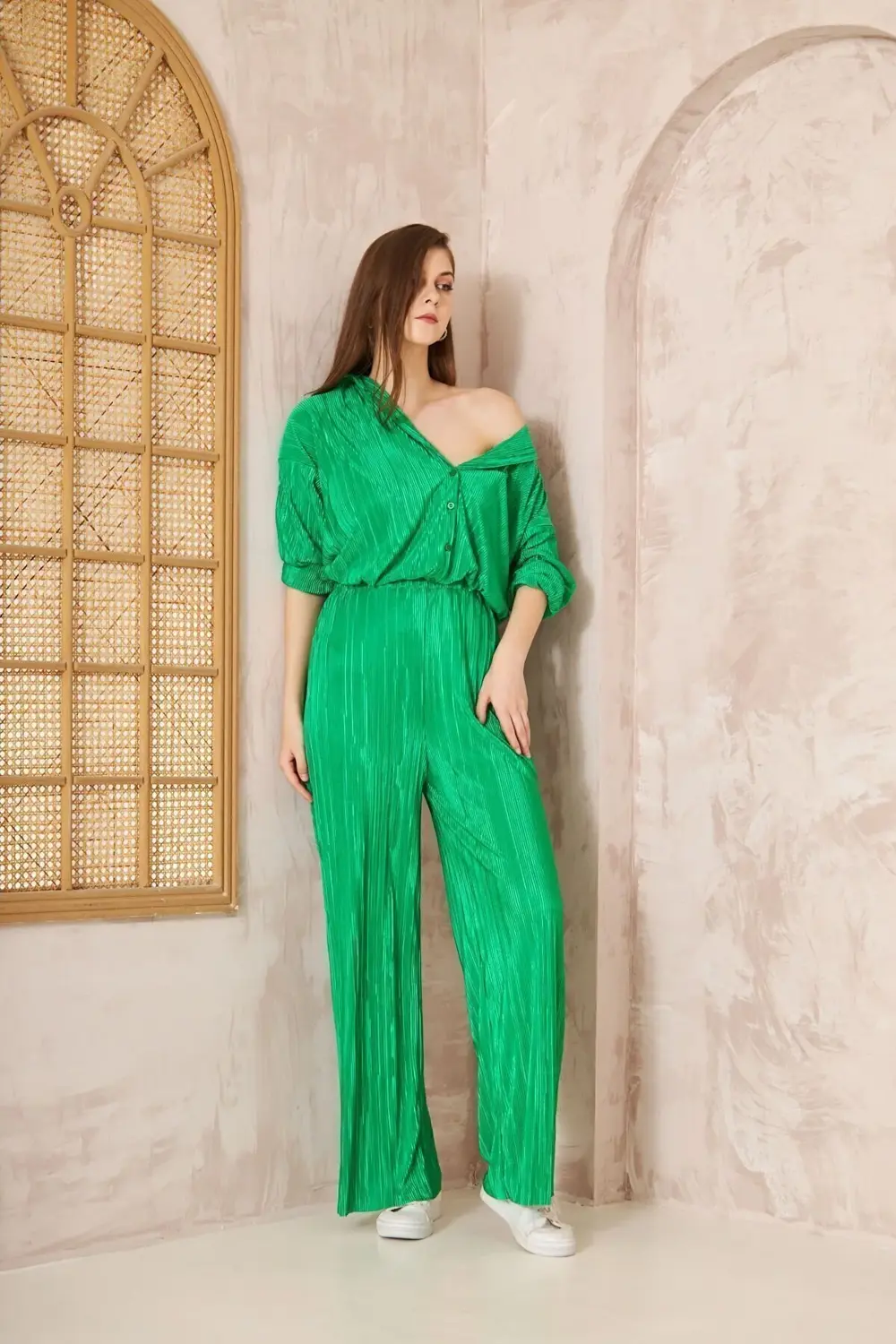 Kadın Fuşya Likralı Bol Paça Beli Lastikli Pantolon Tunik Gömlek