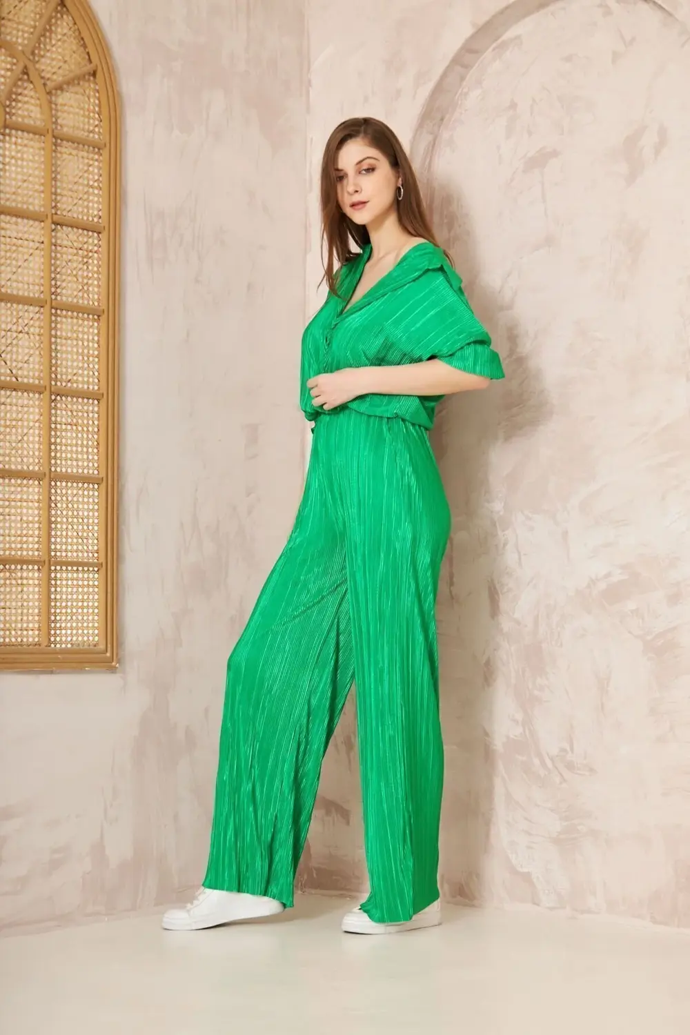 Kadın Fuşya Likralı Bol Paça Beli Lastikli Pantolon Tunik Gömlek