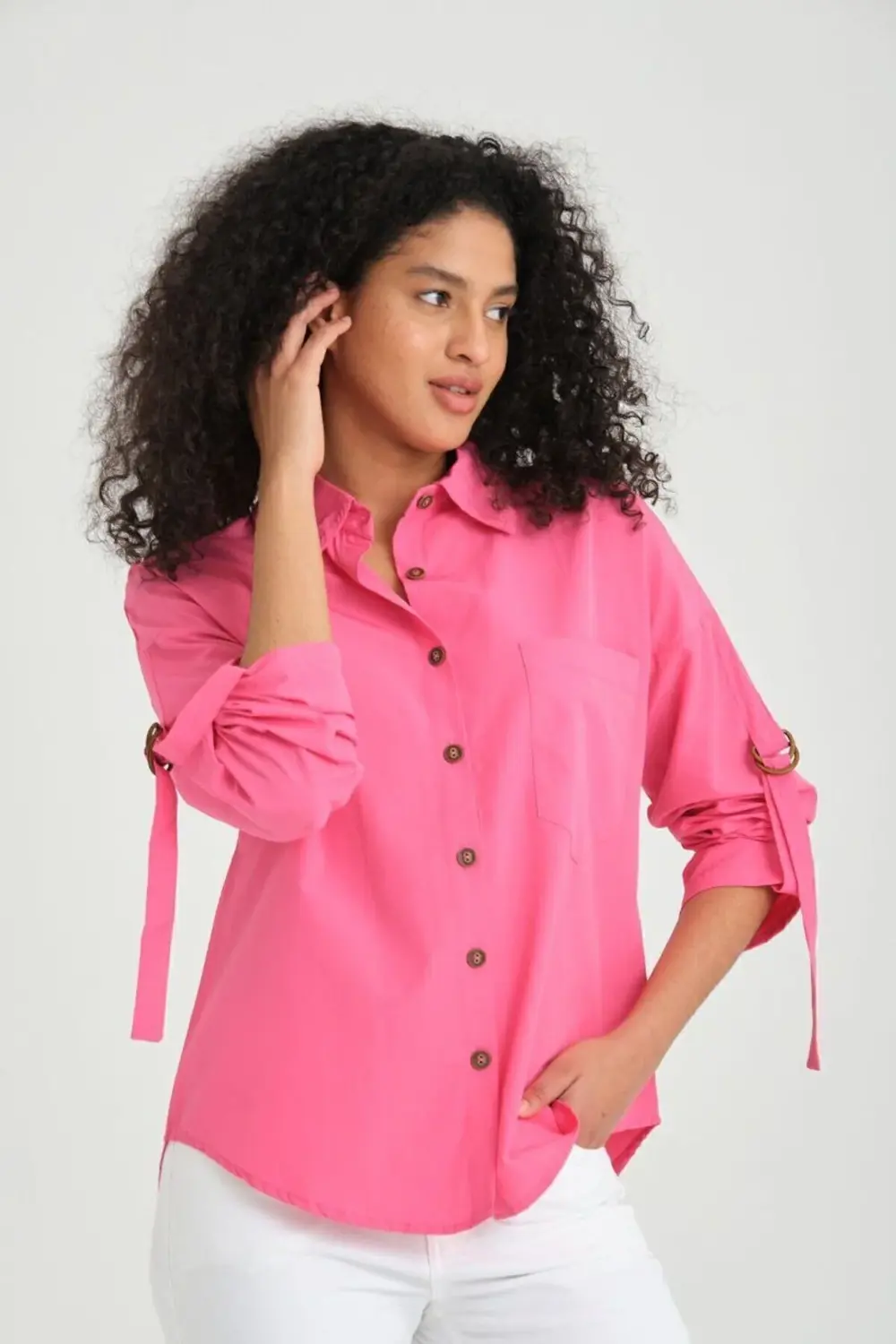 Kadın Fuşya Pembe Uzun Kollu Apoletli Cepli Toka Detaylı Oval Bol