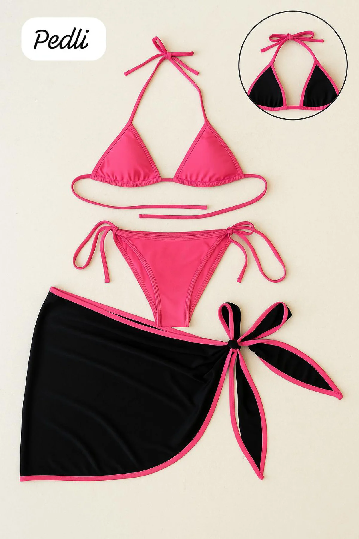 Kadın Fuşya Siyah Pareolu Yandan ve Boyundan Bağlamalı 3'lü Bikini Takımı - Plaj Modası Fiyatı, Yorumları ve Özellikleri