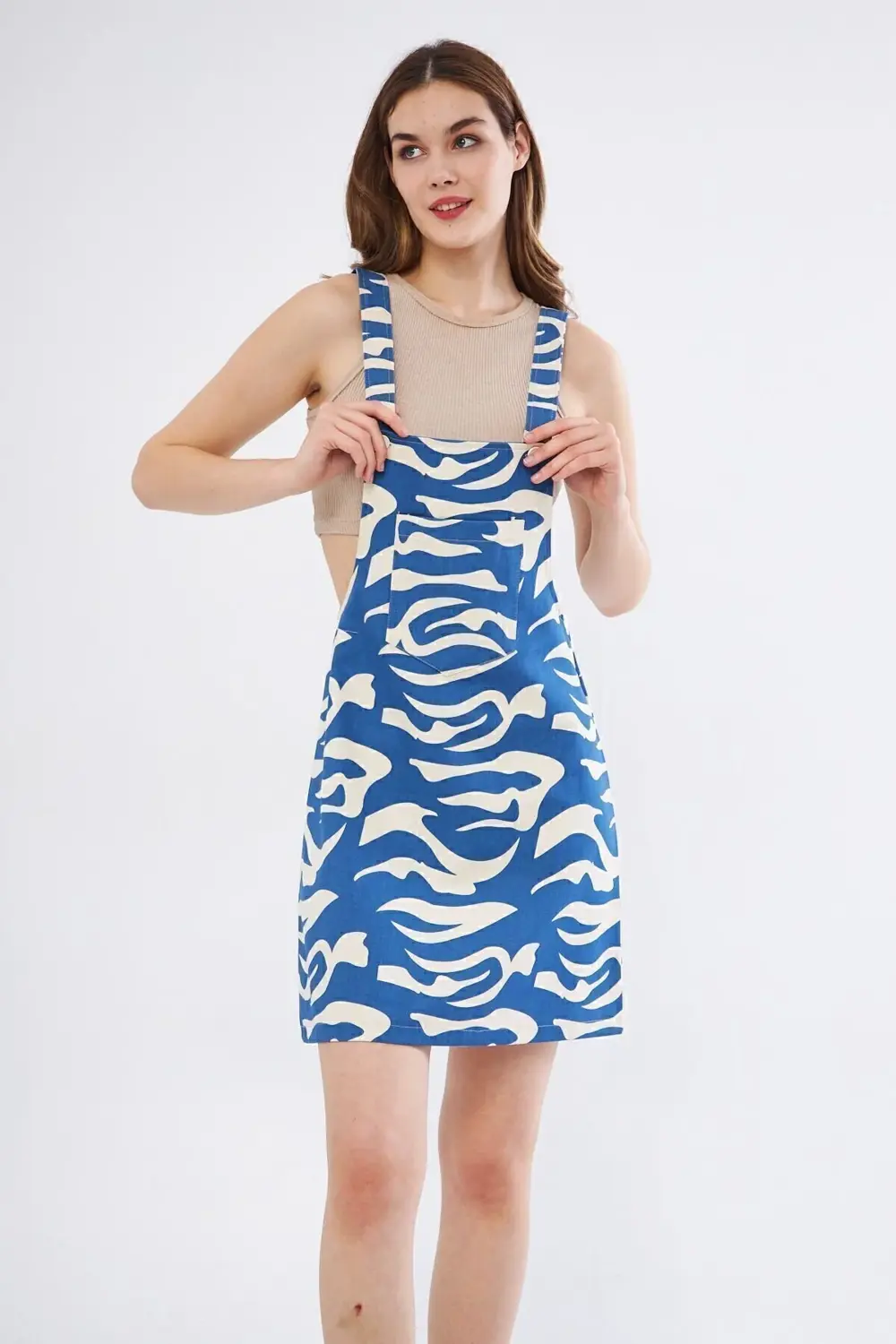 Kadın Gabardin Salopet Askılı Mini Elbise Saks Mavi Bej 3568185