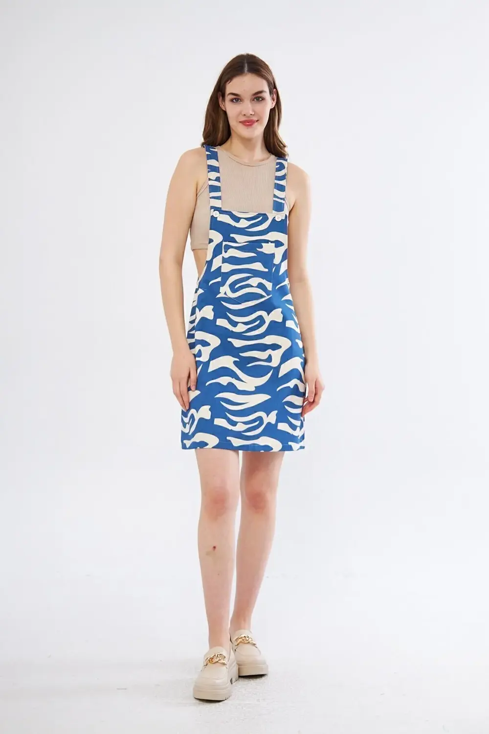 Kadın Gabardin Salopet Askılı Mini Elbise Saks Mavi Bej 3568185